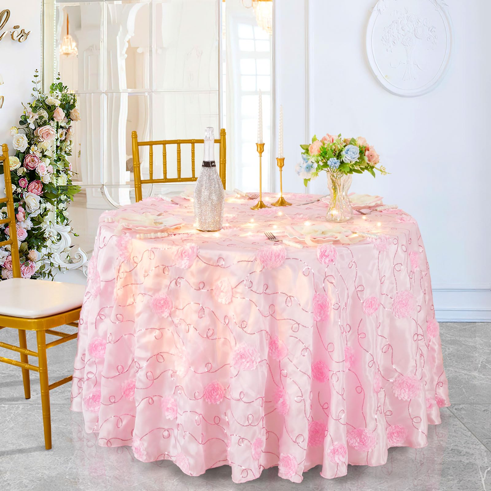 QueenDream 90 Inch Round Pink Rosette Tablecloth - For Girls Birthday, Baby Shower, Unicorn Party Decor