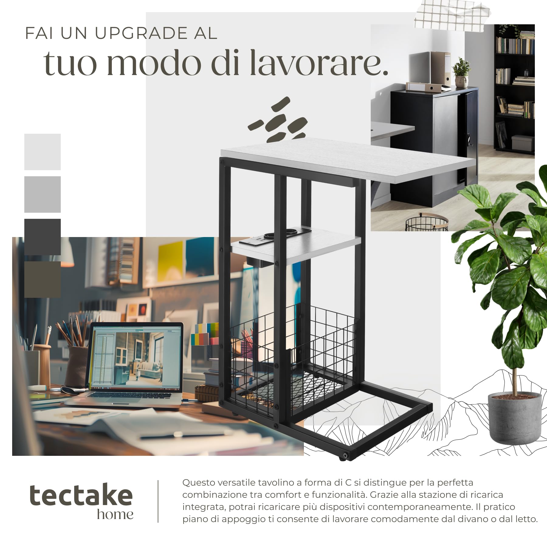 tectake® Tavolino Supporto PC Portatile con Forma a C, Tavolino da Letto con Stazione di Ricarica Integrata, Tavolino da Divano con Piano Scorrevole, Tavolo con Vassoio Portaoggetti - Bianco