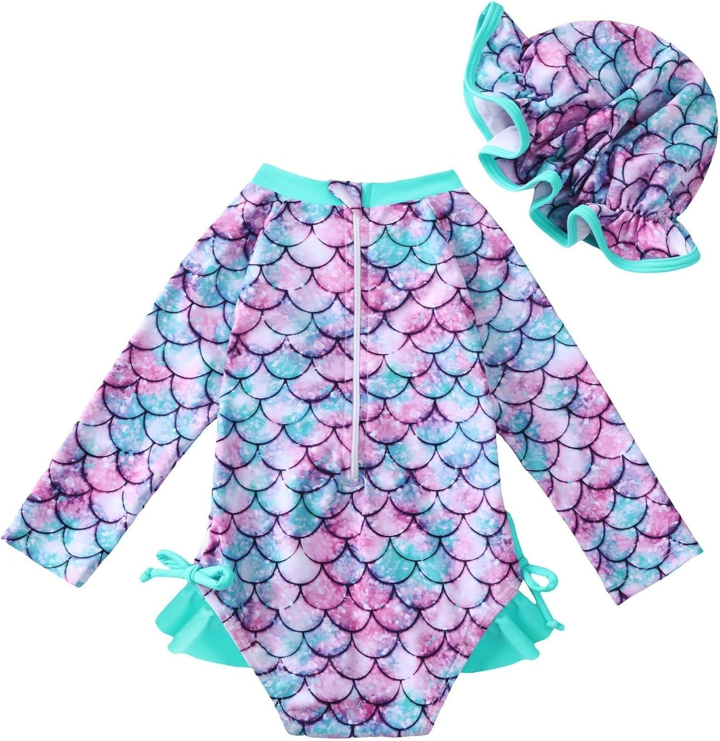 Infant Baby Girls Swimsuit with Hat Long Sleeve One-Piece Swimwear Swim Shirt Floral Zipper Bathing Suit Beach Wear
