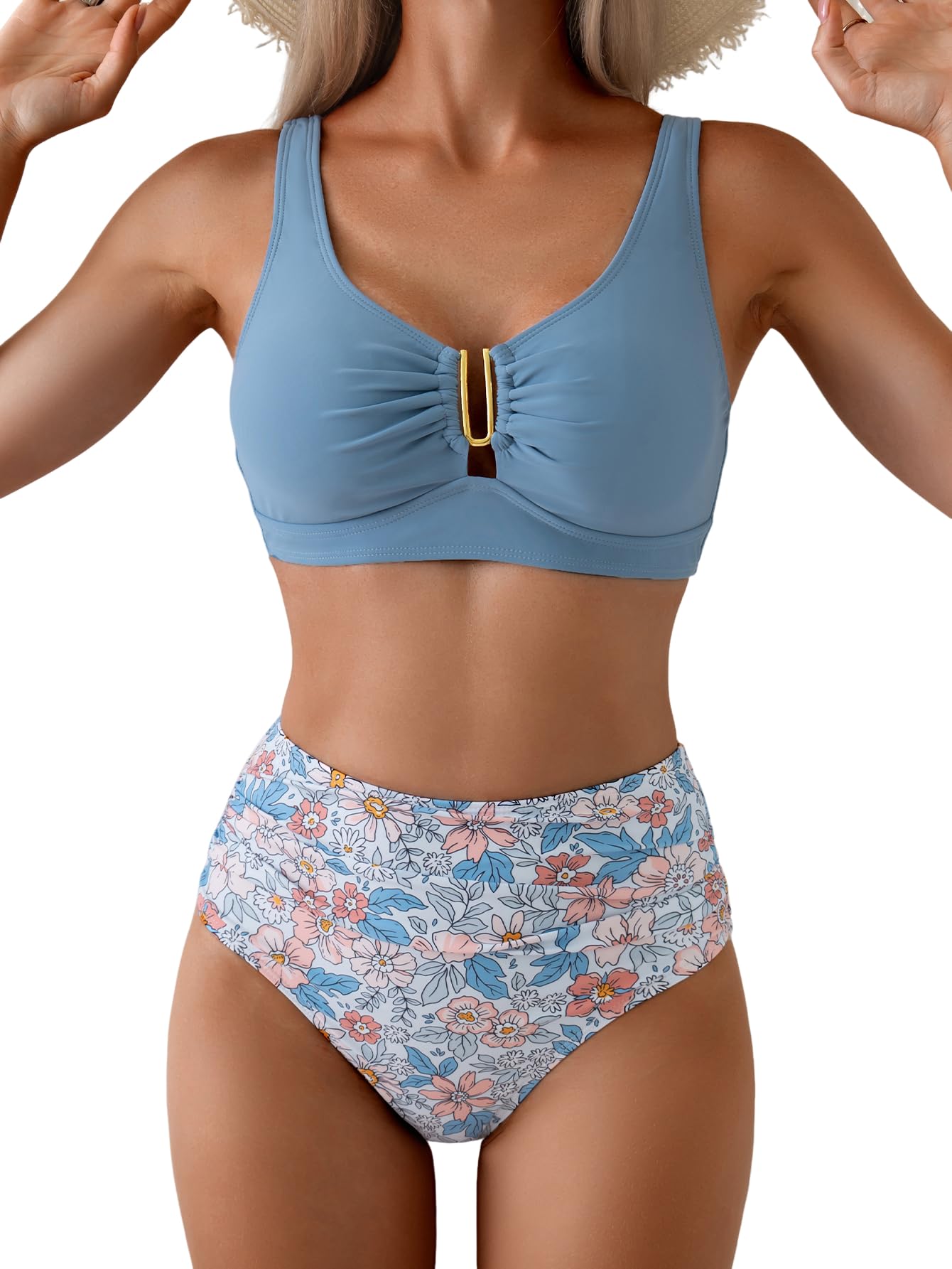Eomenie High Waisted Bikini Sets for Women Tummy Control U Wired Swimsuit | Deep V Neck, Adjustable Wide Straps, Ruching, Full Coverage, Removable Bra, Bathing Suit For Beach Vacation