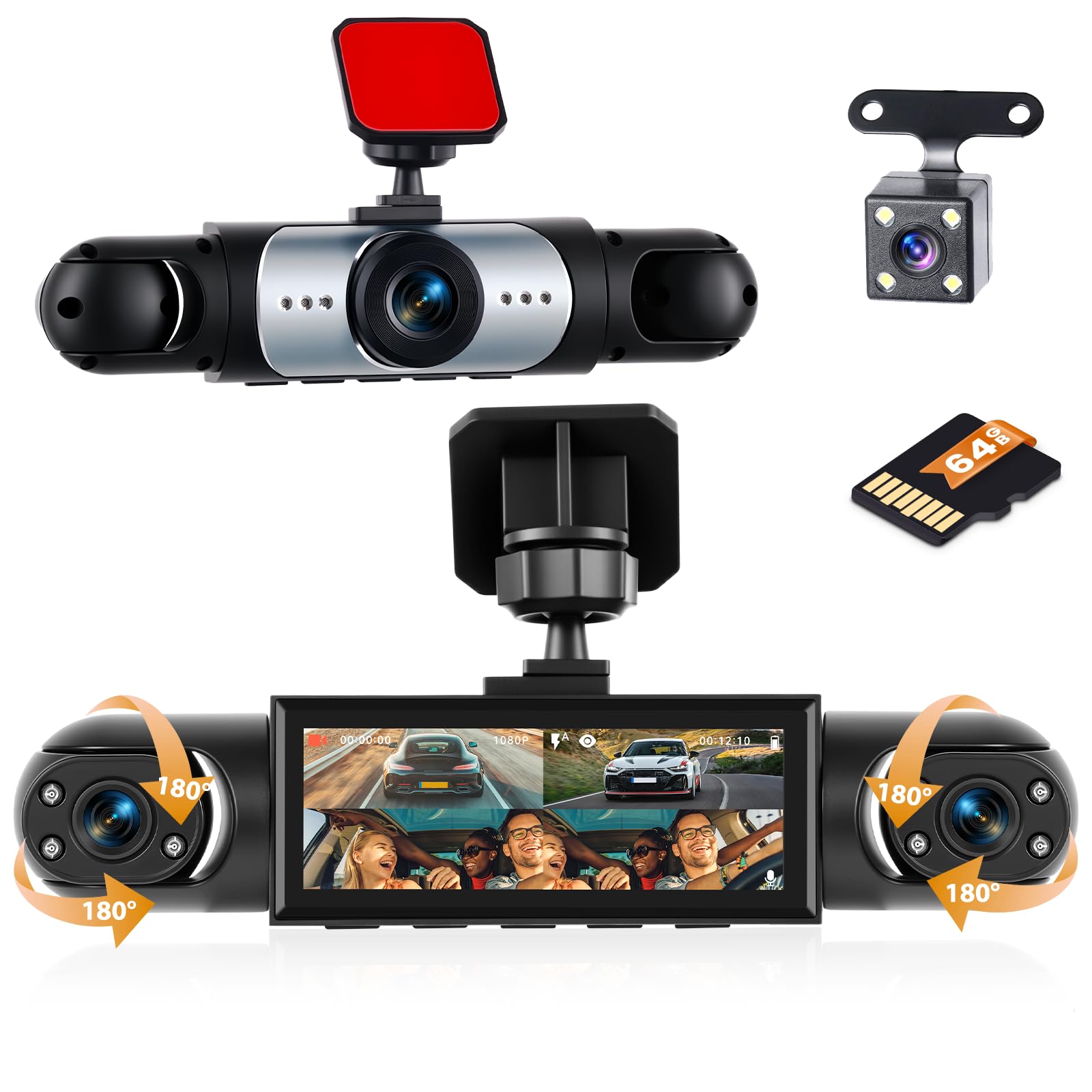 Dashcam Coche 4 Canales, 360°Dash CAM 1080P Delantera y Izquierda Derecha +cámara Trasera, con Tarjeta SD de 64GB, Cámara para Coche con Grabación en Bucle Visión Nocturna