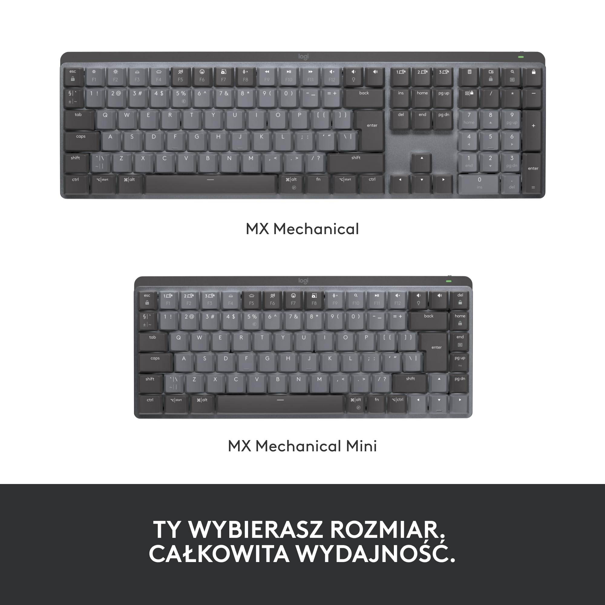 Logitech MX Mechanical Bezprzewodowa Klawiatura podświetlana Performance klawisze Tactile Quiet, Bluetooth, USB-C, macOS, Windows, Linux, iOS, Android, Metal, QWERTY układ US international - Szary