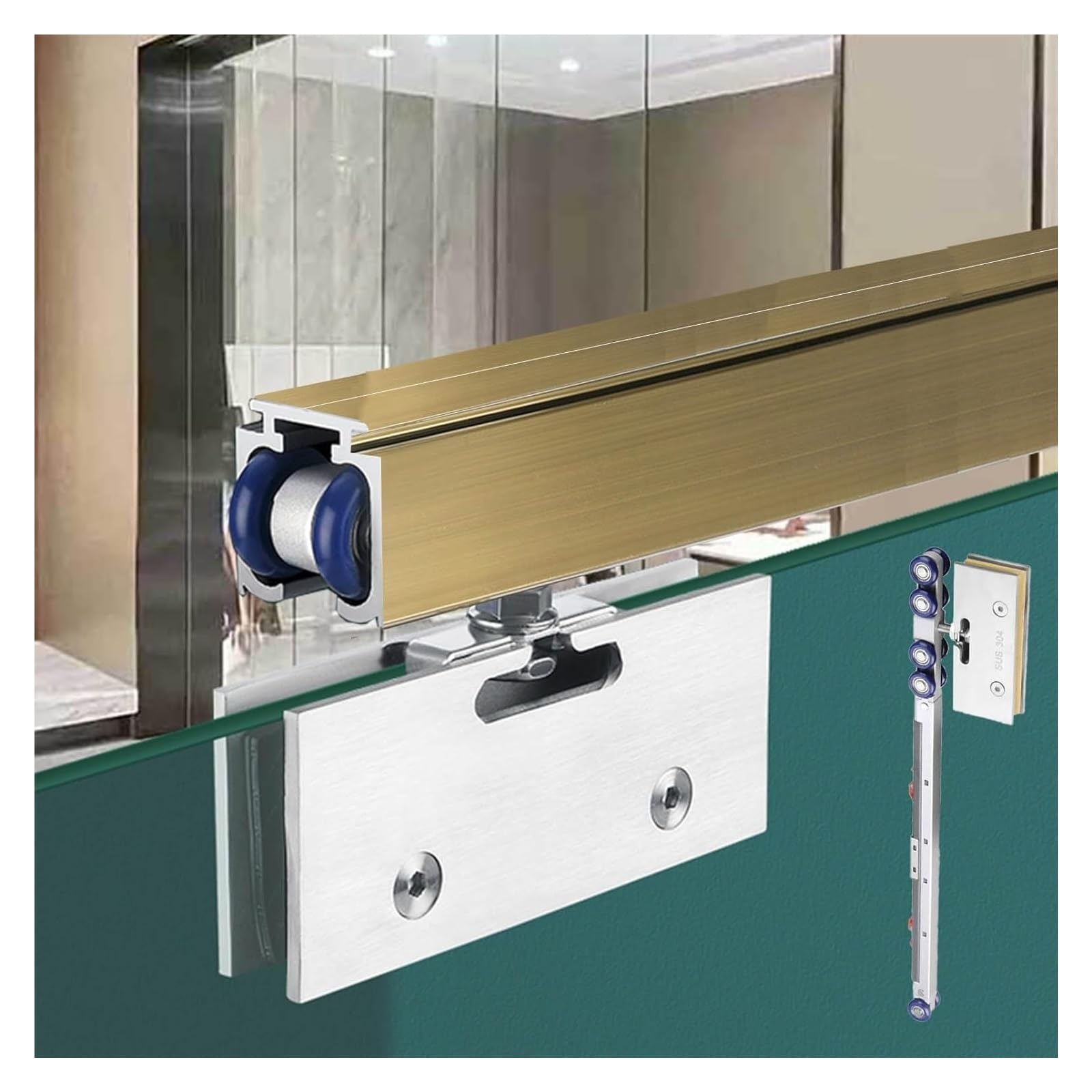 YDHSIKK Glass Sliding Door Track, Sliding Glass Track Soft Close Barn Door Kit 8-12mm Multicolor Multiple Sizes(Champagne,9ft/2.7m)