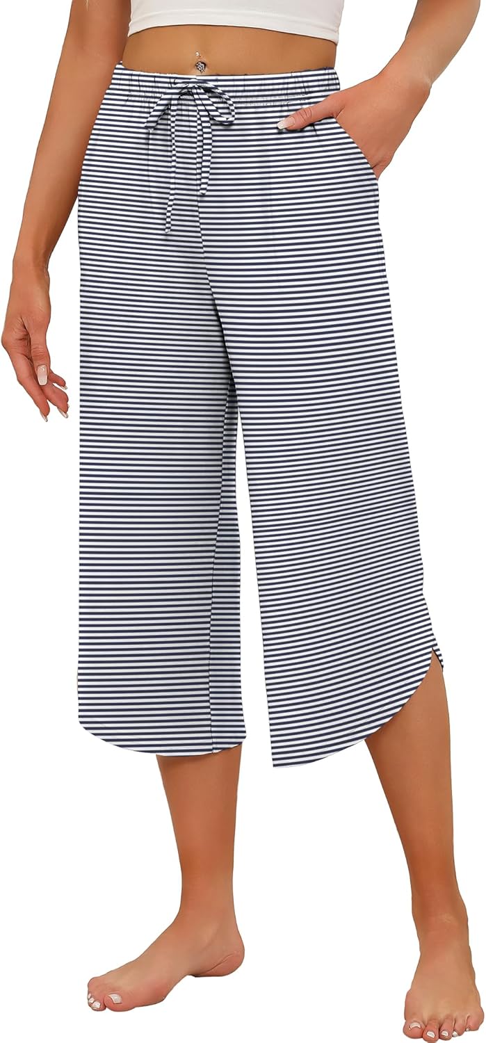 Ekouaer Womens Pajama Pants Capri 2026 Wide Leg Lounge Pj Pants Summer Comfy Drawstring Pajama Bottoms with Pockets