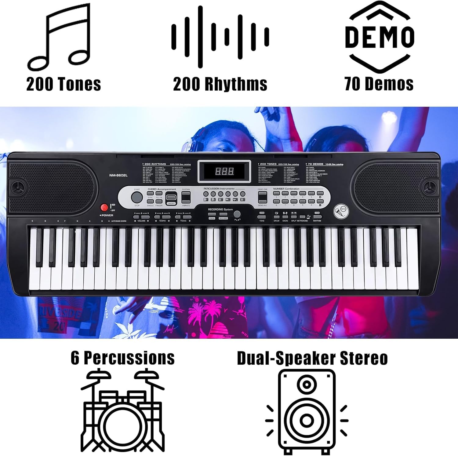 61 Tasten Keyboard Piano Set für Anfänger, Digitalpiano mit 200 Klängen, 70 Demos, Lernmodus, Aufnahme, mit Ständer, Sitzbank, Kopfhörer, Mikrofon, Notenablage, Klavier Geschenk