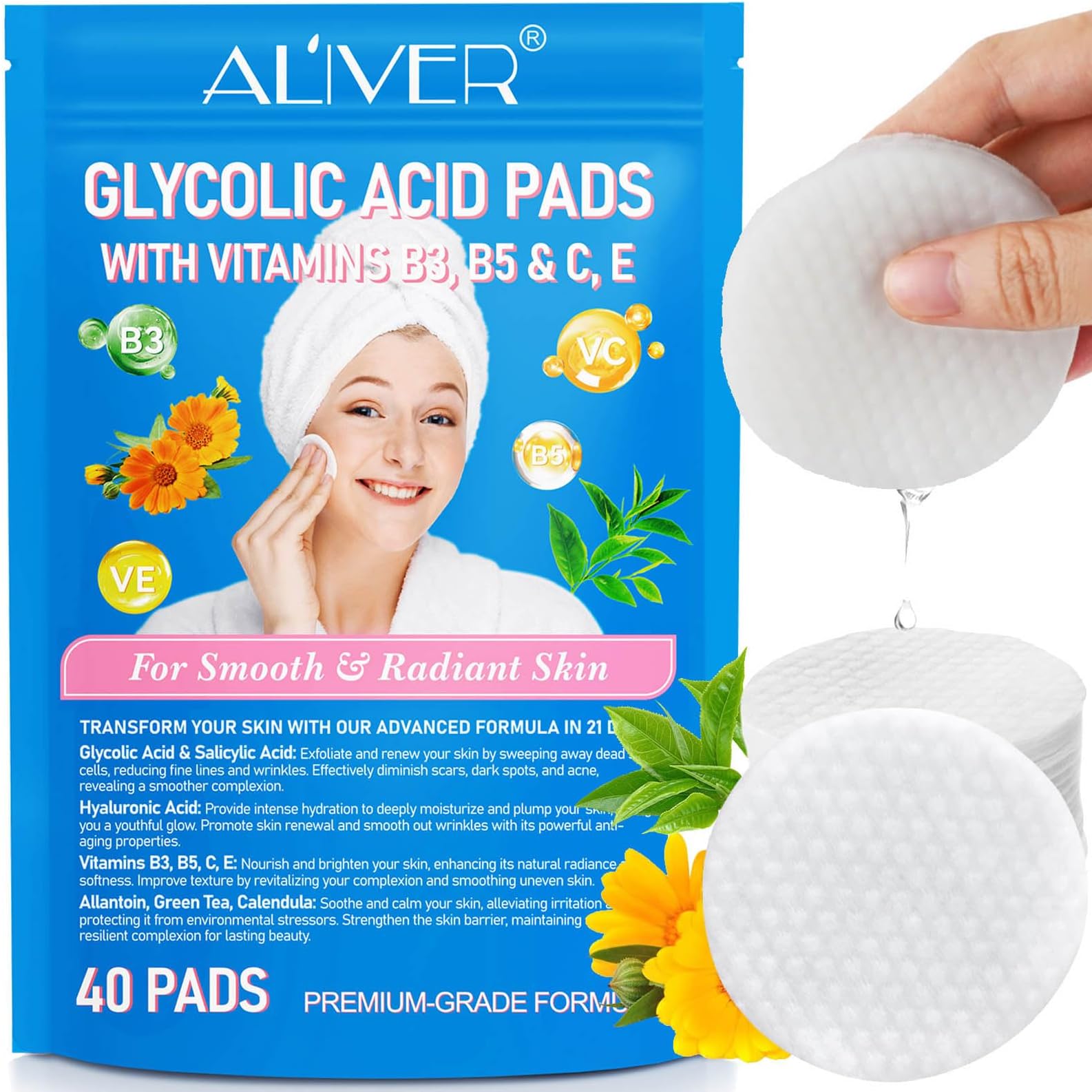 Glycolic and Salicylic Acid Face Pads - Exfoliating Cotton Wipes for Skin Peeling & Deep Cleaning with Allantoin & Calendula for Women - 40 Pads