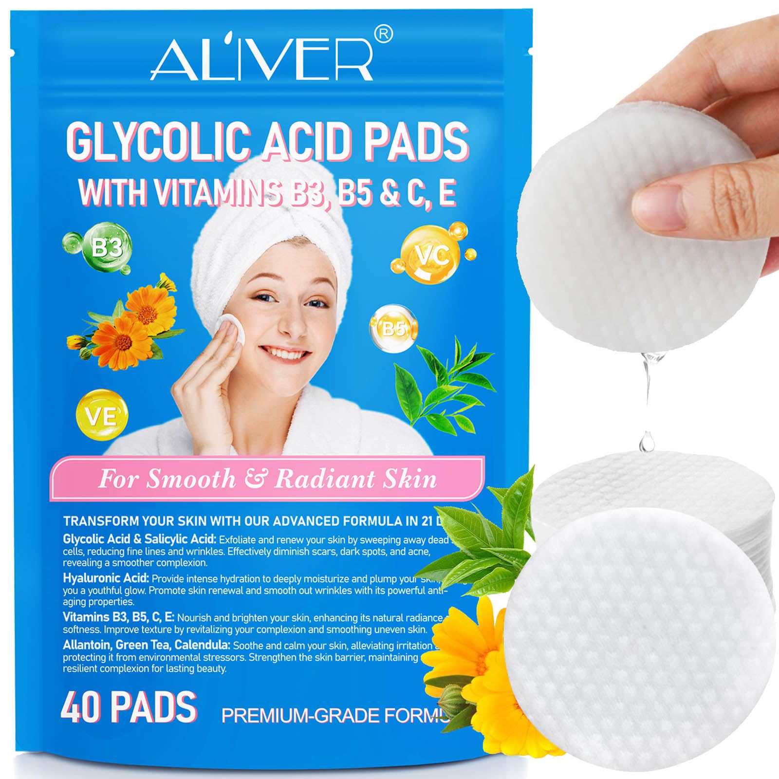 Glycolic and Salicylic Acid Face Pads - Exfoliating Cotton Wipes for Skin Peeling & Deep Cleaning with Allantoin & Calendula for Women - 40 Pads