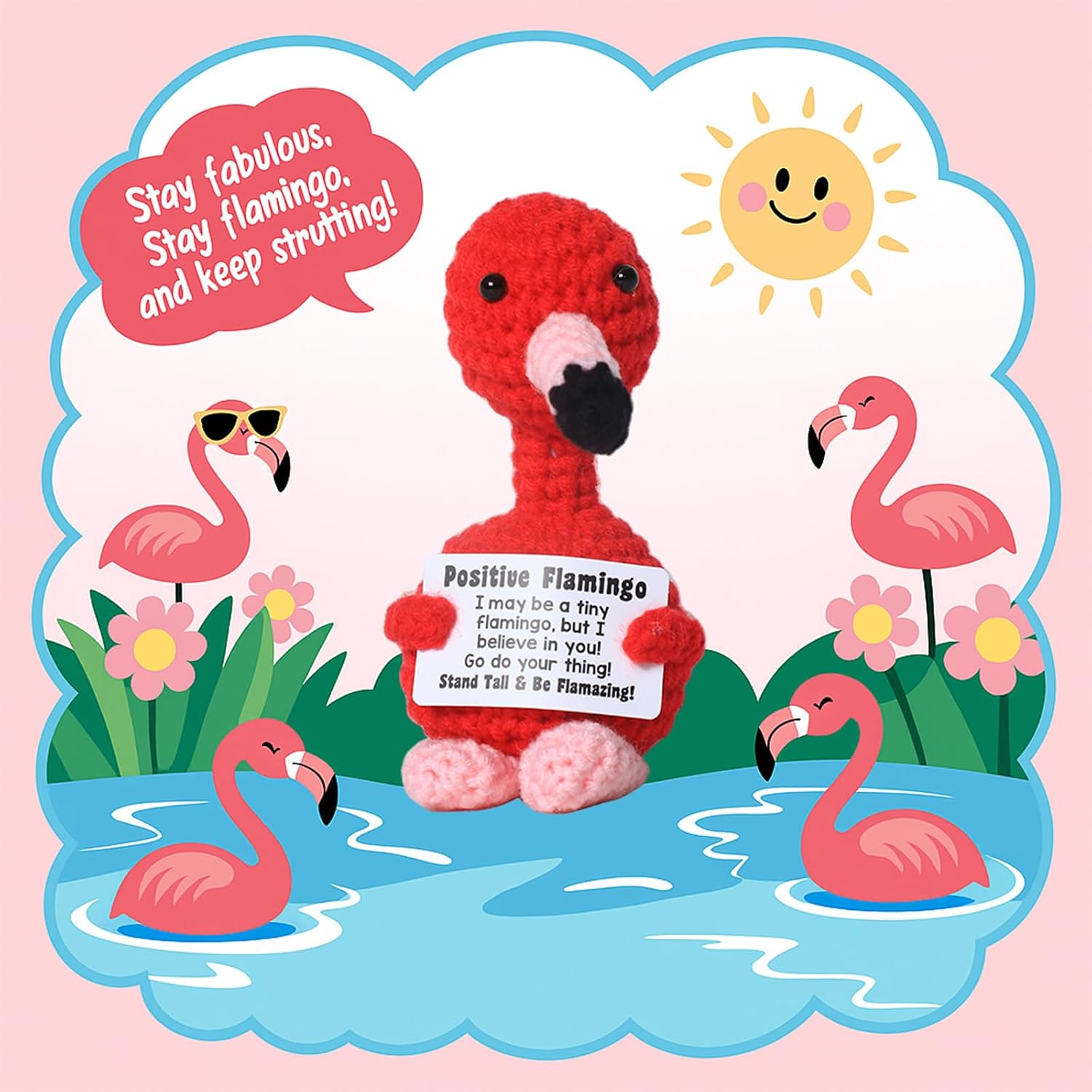 Positive Flamingo Emotional Support Gift - Handmade Crochet Animal with Encouraging - Thinking of You Funny Decor for Friends Coworkers Graduation Birthday