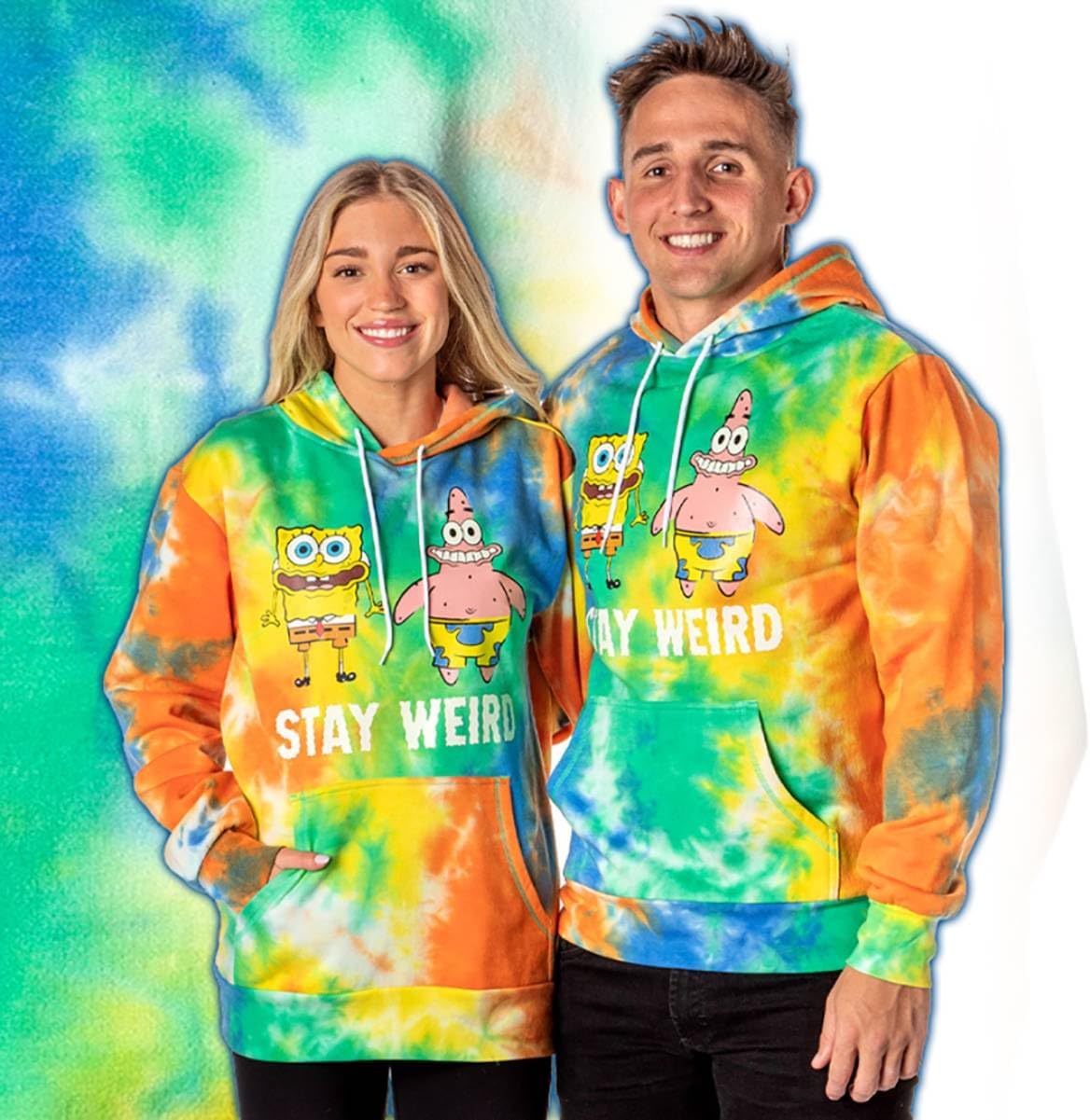 Mad Engine SpongeBob SquarePants Men's Patrick And SpongeBob Stay Weird Adult Tie Dye Pullover Hoodie