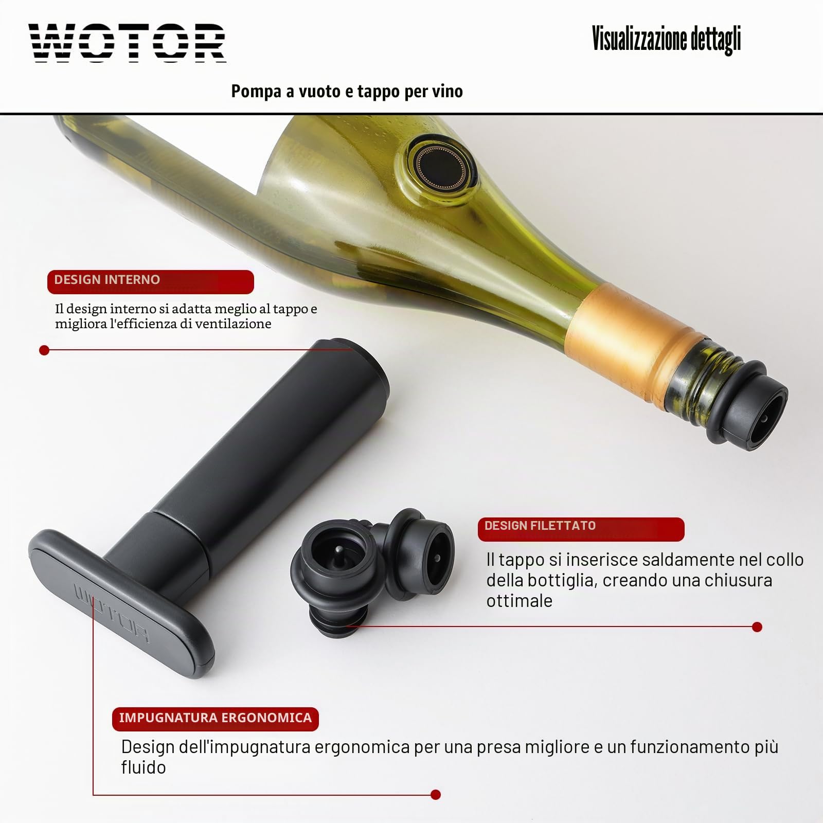 WOTOR Pompa sottovuoto per vino, con 20 tappi, tappo e conservante, riutilizzabile, mantiene fresco, accessorio ideale come regalo (manico piatto)