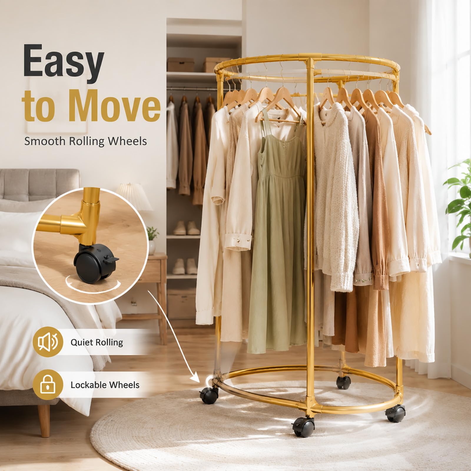 Perchero Redondo Giratorio 360° con Ruedas, Burro para Ropa Metálico de Gran Capacidad, para Dormitorio, Vestidor, Lavandería y Tienda de Ropa black