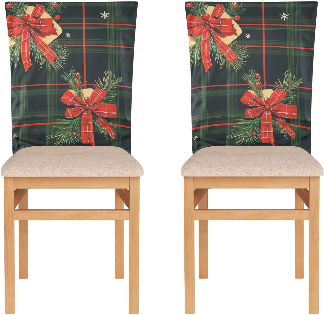 ALAZA Christmas Plants Bow Plaids Chair Back Cover Set of 6, Washable Reusable Removable Chair Slipcovers Decorative Chair Cover for Home Kitchen Wedding Party