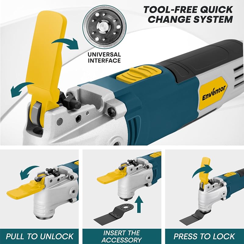 Unealtă multifuncțională oscilantă Enventor 300 W cu 28 de accesorii, 6 trepte de viteză 15000-22000 RPM, oscilație de 3 grade, pentru tăiere, găurire, șlefuire, polizare