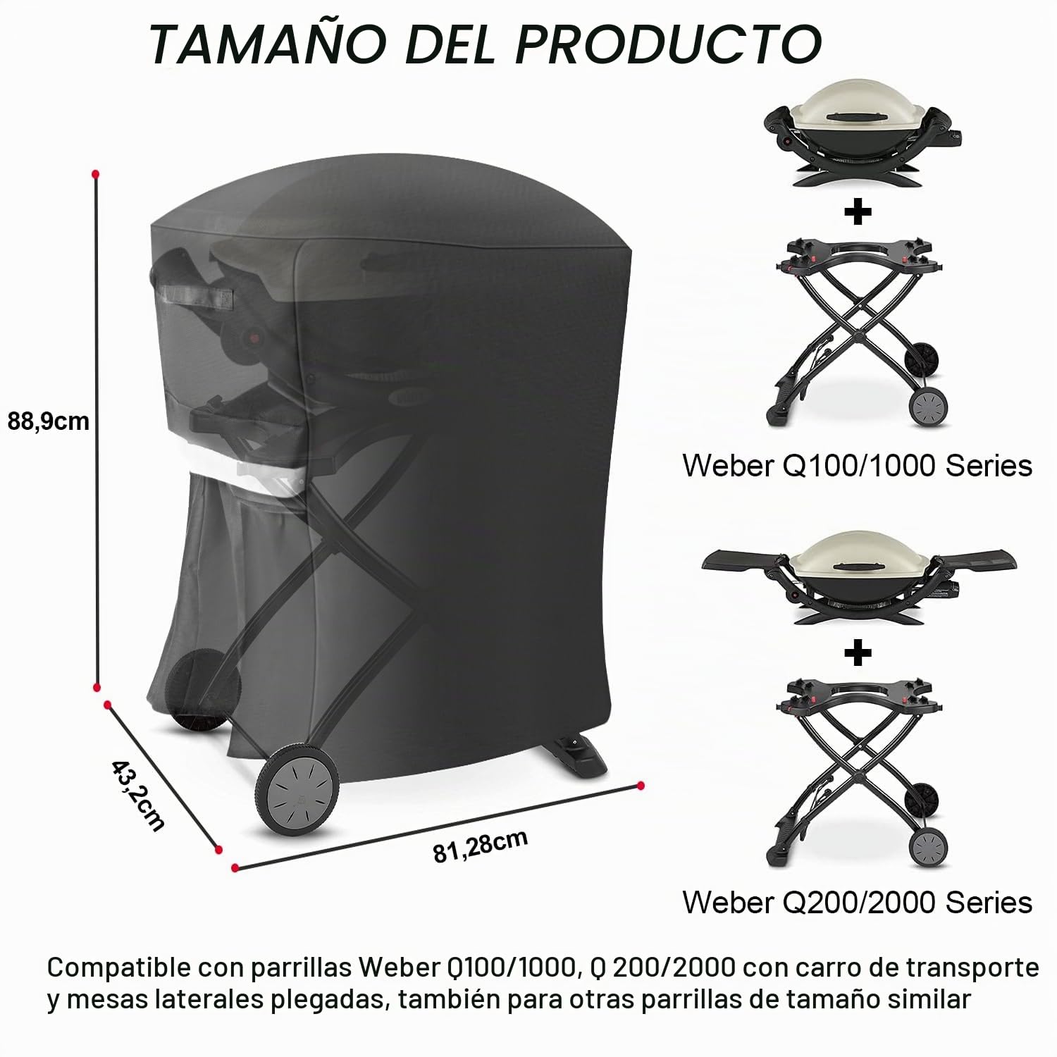 Cubierta de parrilla para Weber Q100/Q200 Series en carro, Oxford 600D, impermeable, resistente al desgarro
