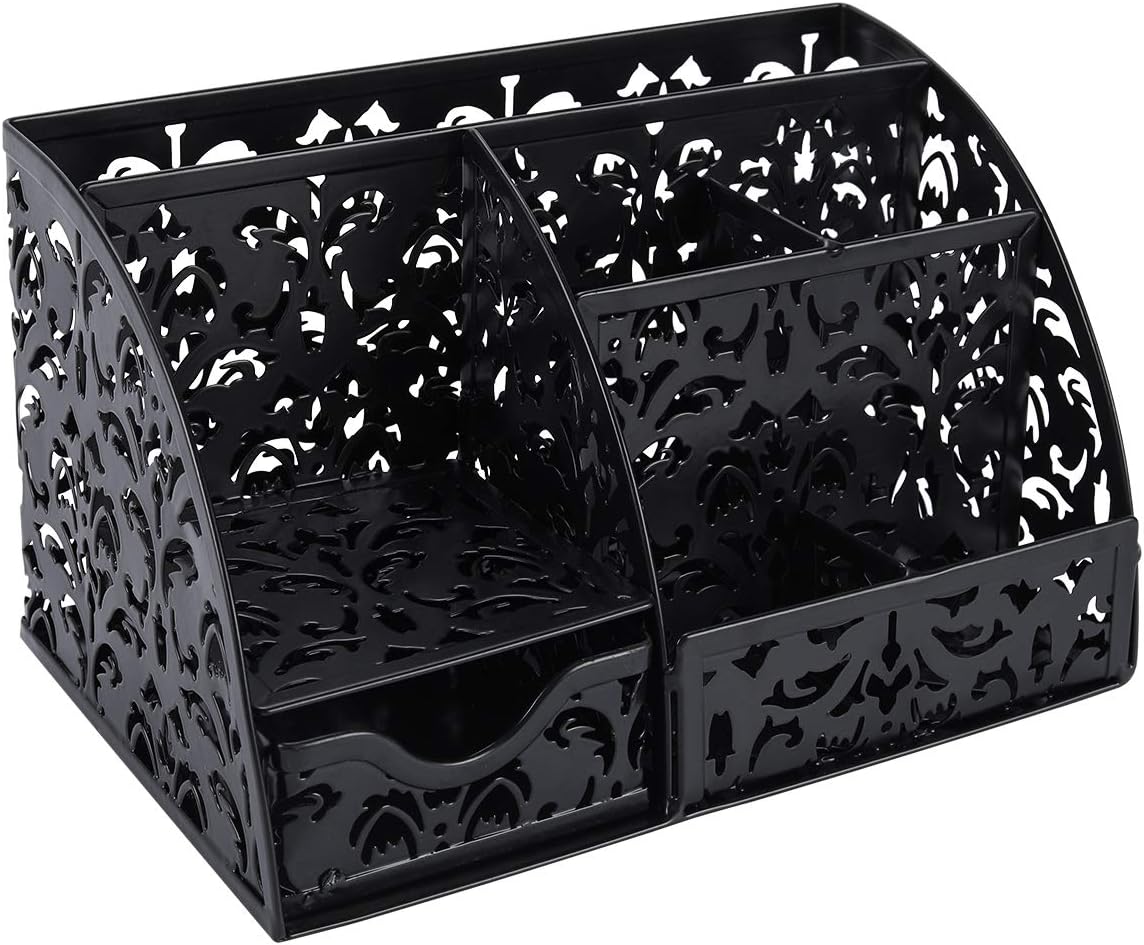 EasyPAG Office Desk Organizer Caddy with 6 Compartments and 1 Sliding Drawer Desktop Accessories Supplies Holder for Home School Classroom,Black