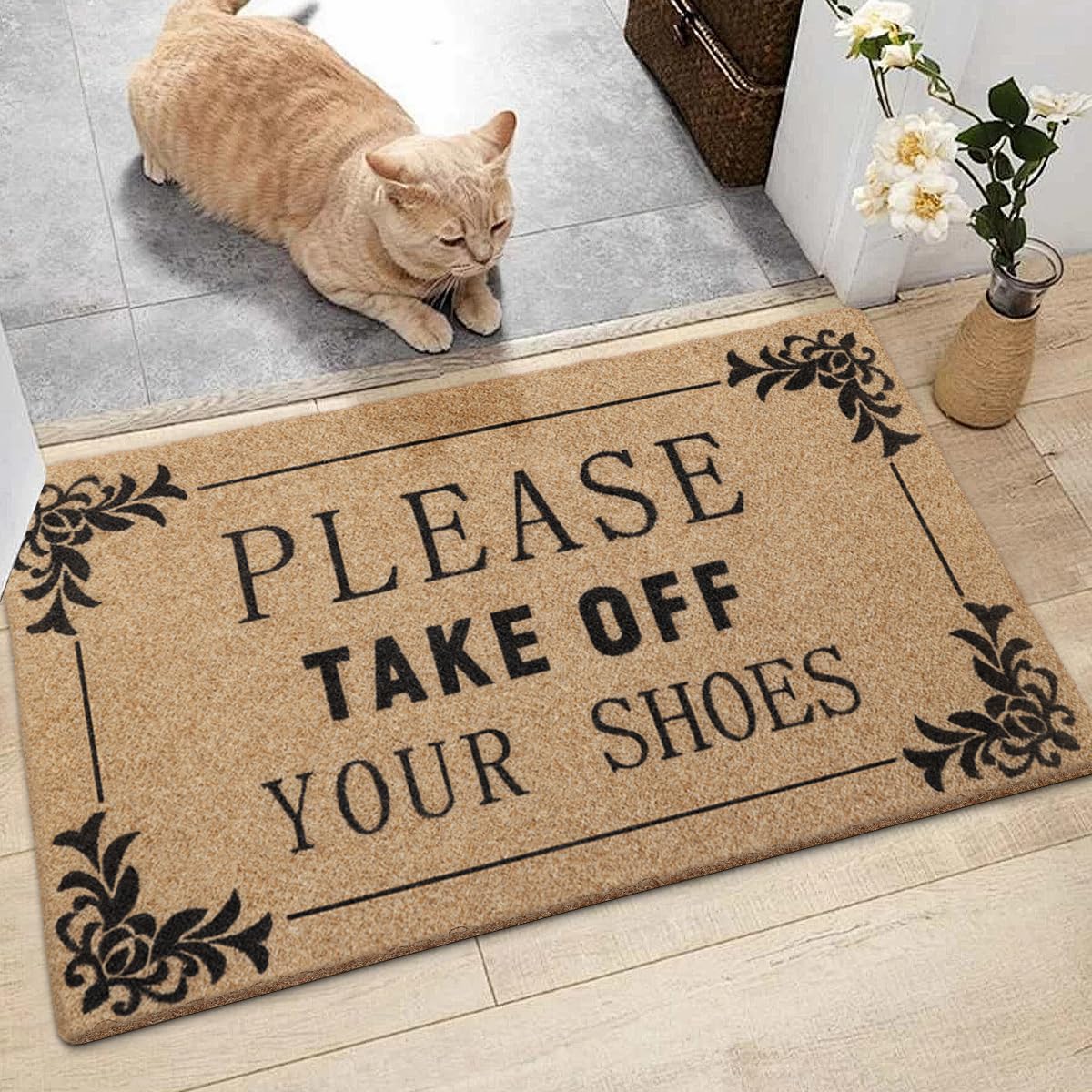 AOAOPQ Outdoor Welcome Mat for Funny Outside Home Entry Mats Please Take Off you shoes Entryway for Bedroom Shoe Scraper Non Slip Mats for Front Home Door Outside 24x36 in Brown - Image 2