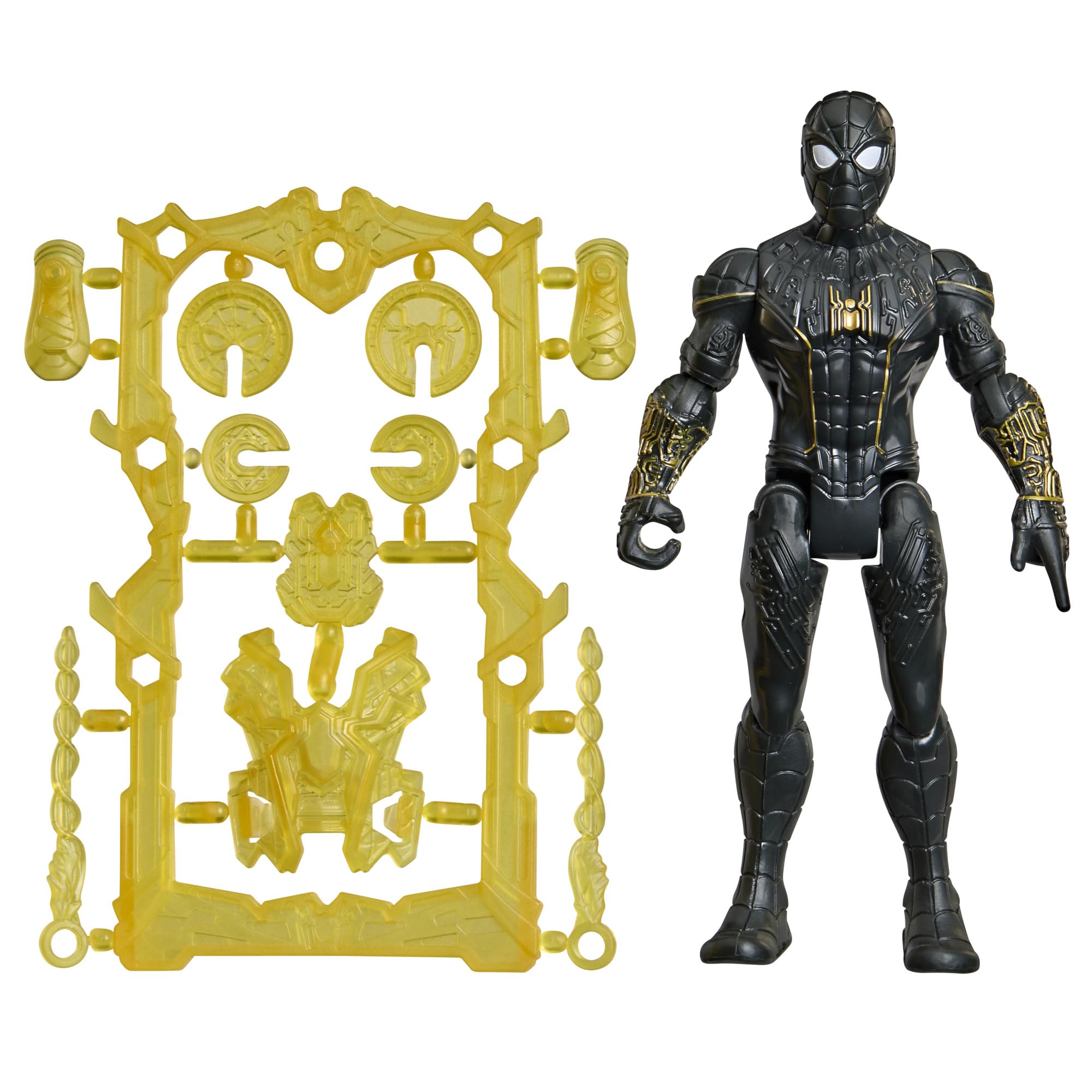 Marvel Studios Spider-Man: Far From Home ActionVerse Black & Gold Suit Spider-Man 4.5-Inch Action Figure & Accessories, Reusable Accessory Rack, 4+