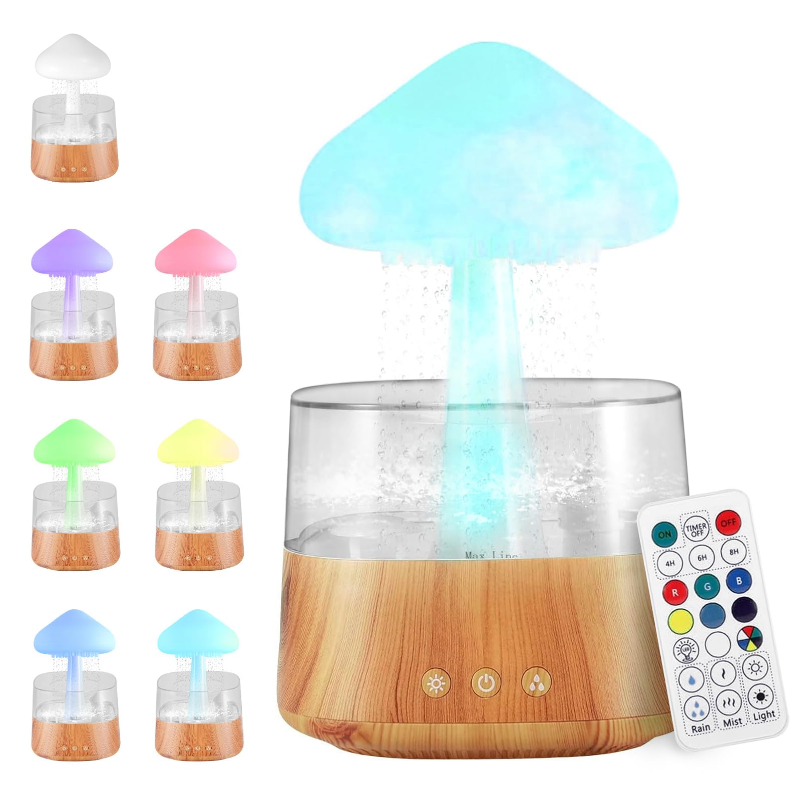 Regenwolken Luftbefeuchter, 3 in 1 Rain Cloud Humidifier/Aroma Diffuser/7 Farben LED Nachtlicht, Wassertropfen-Geräusch Entspannung Schlafzimmer Diffuser Ätherische Öle (Holz - mit Fernbedienung)