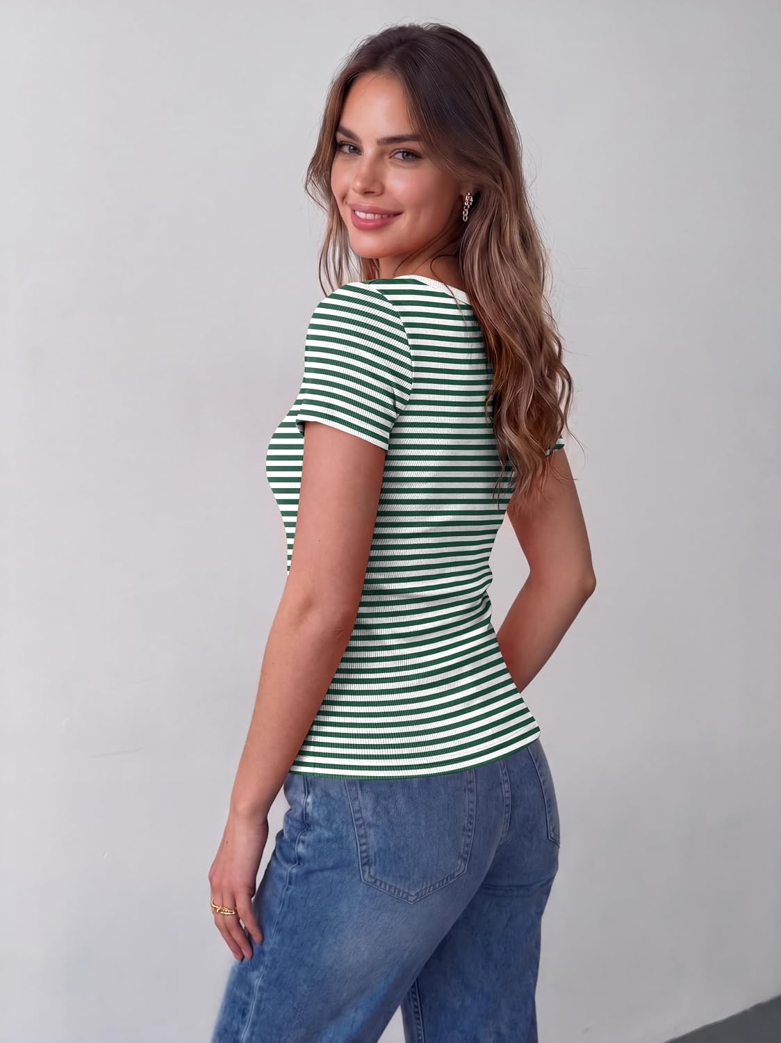  Womens Tops Short Sleeve Rib Knit Basic Tee Scoop Neck Fitted Shirt thumbnail