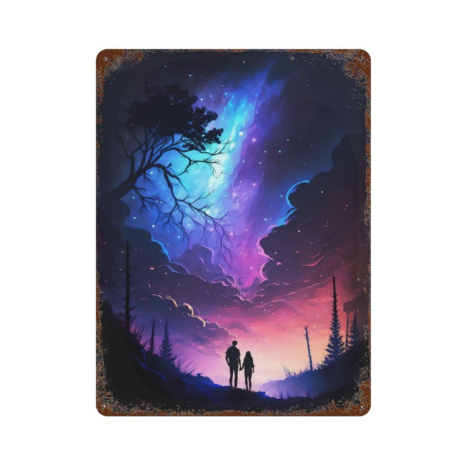 Distressed Metal Wall Sign with Mystical of The Galaxy Design 15.7"x11.8", for Cafe, Home Bar And Lounge Decor, Retro Wall Decor