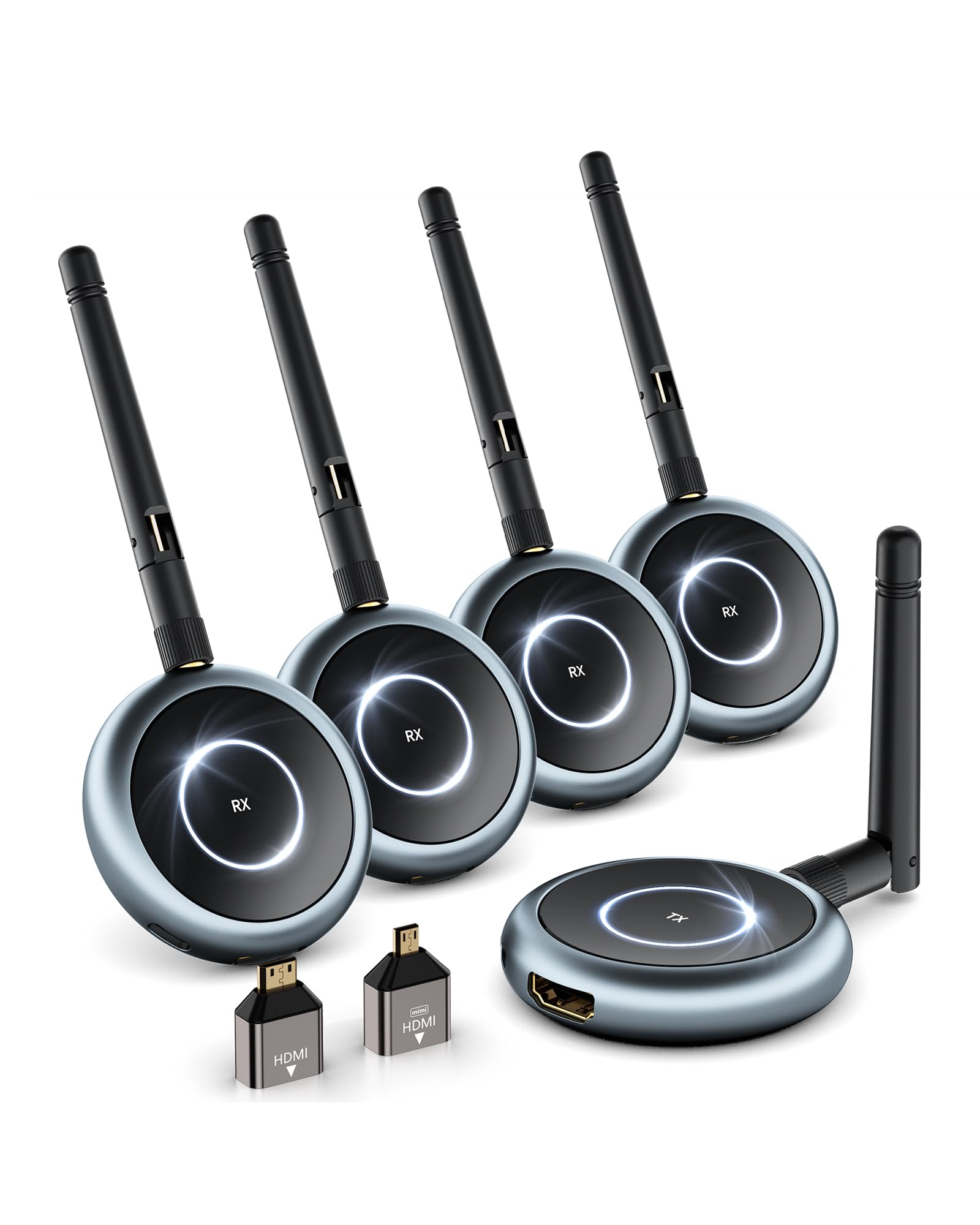 TIMBOOTECH Wireless HDMI Transmitter and 4 Receivers - Up to 8 Displays, Plug and Play, 5.8G HDMI Wireless Extender for PC, Laptop, TV Box, Camera to