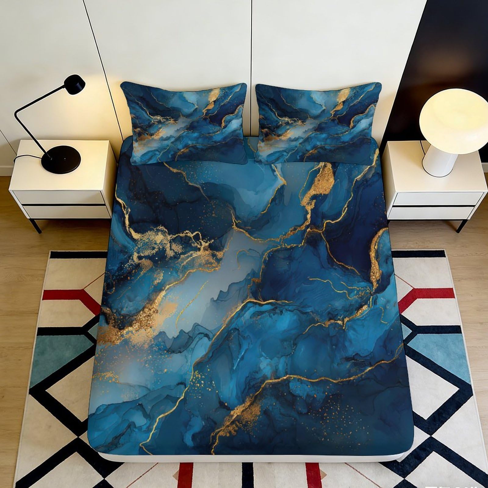 3D Printed Blue Marble Fitted Sheet Microfiber Soft Breathable Gold Vein Mattress Cover for Bedroom Dormitory Guest Room Protection Decor 160x200x25cm