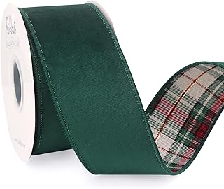 Ribbli Forest Green Velvet Wired Ribbon with Plaid Reversible 2.5 Inch C...
