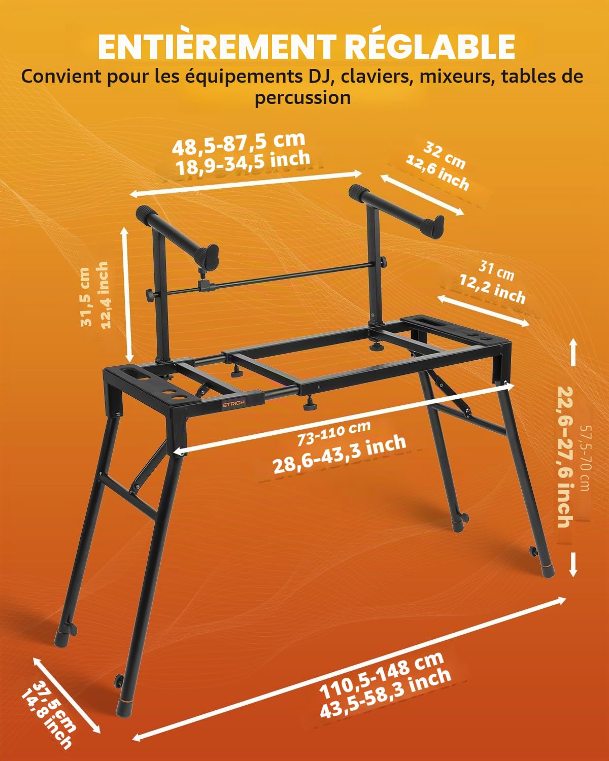 STRICH Support de clavier de piano double avec 2ème niveau – Réglable et pliable à 2 niveaux – Support de musique robuste pour synthétiseurs et claviers numériques électriques – Convient aux pianos de