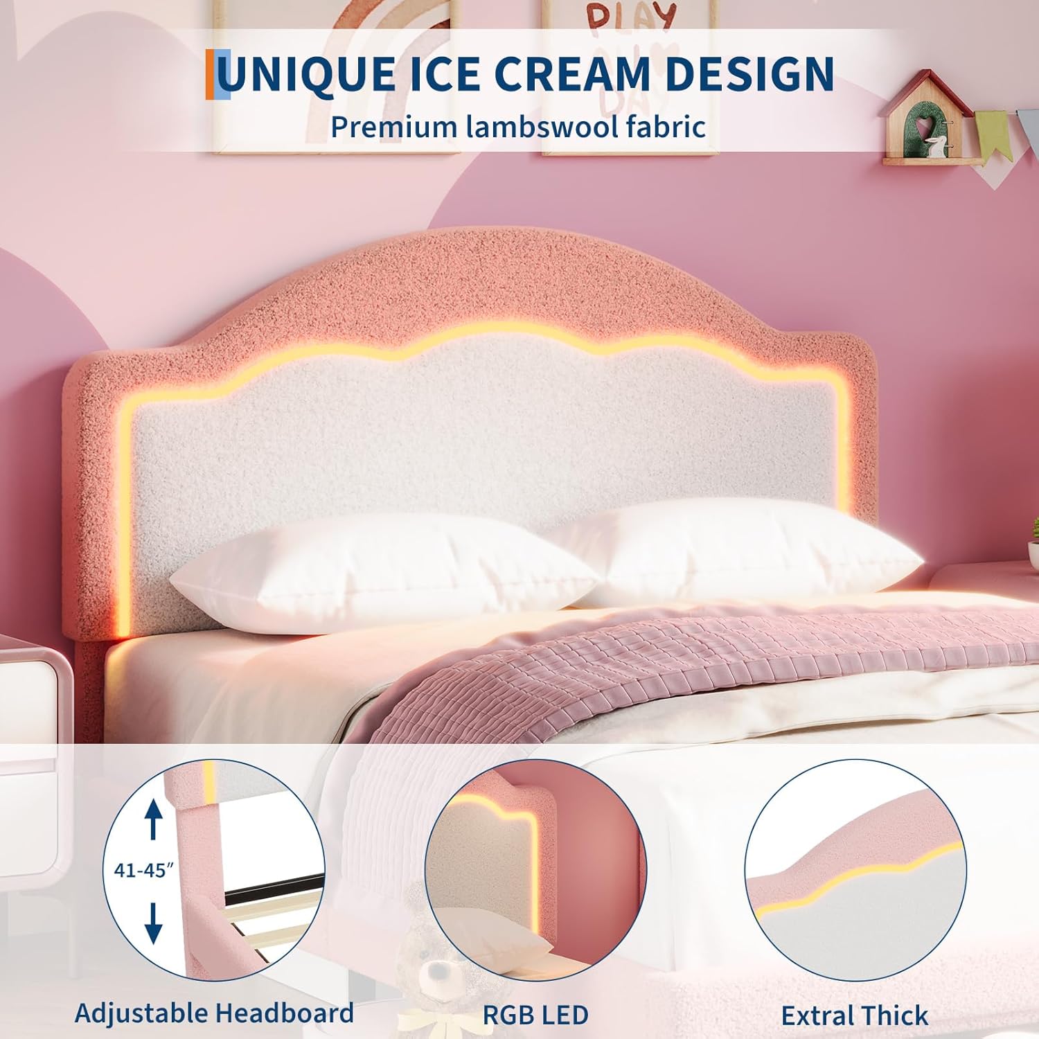 GarveeHome Bed Frame with LED Headboard for Kids, Sherpa Upholstered Platform Bed Frame with Storage Drawer and Wood Slat Support, No Box Spring Required, Easy to Assemble (Pink, Twin)
