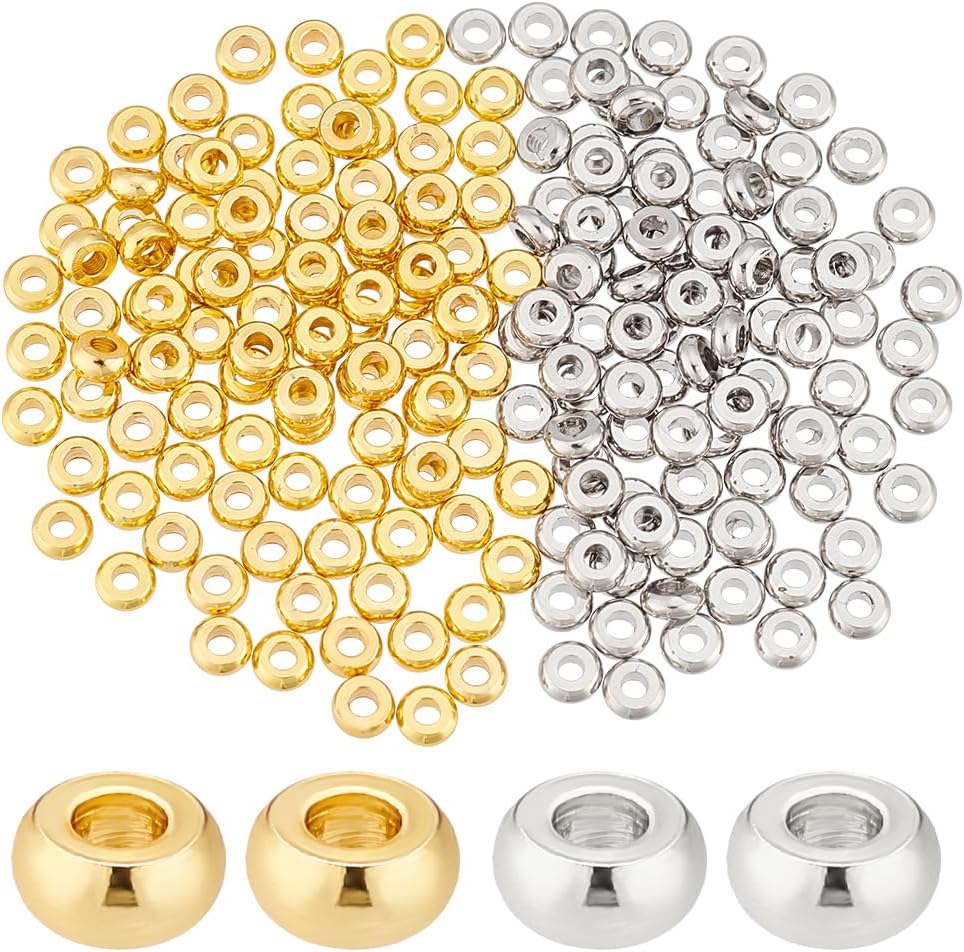 PH PandaHall 200pcs 4mm Spacer Beads, 2 Colors Flat Round Heishi Bead Metal Loose Beads Spacers for Heishi Clay Bead Summer Stackable Necklace Bracelet Jewelry Making, Golden Platinum