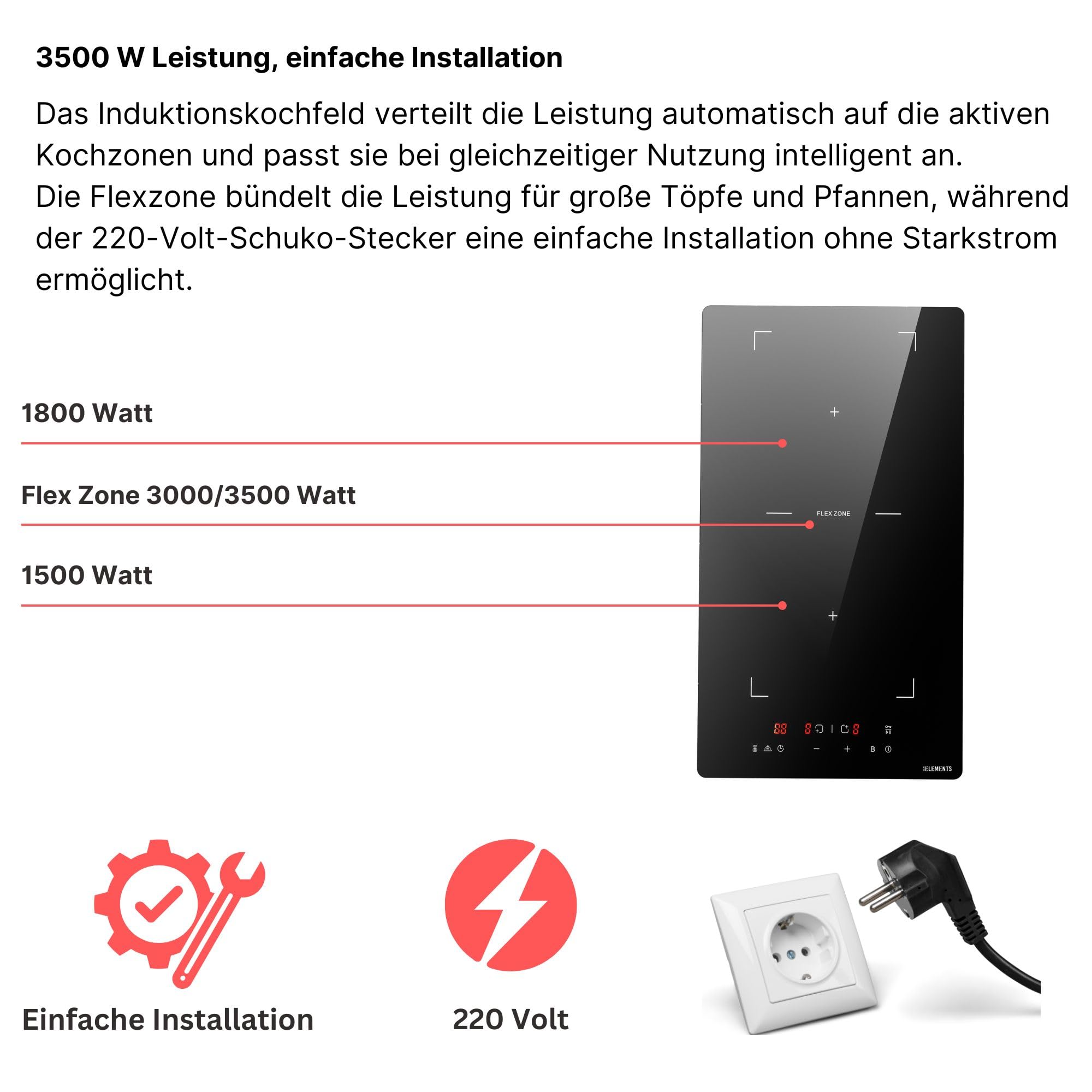 Induktionskochfeld mit stecker, Induktionskochfeld 2 platten, Warmhaltefunktion, Flexzone, Autark, Rahmenlos, Touch-Bedienung