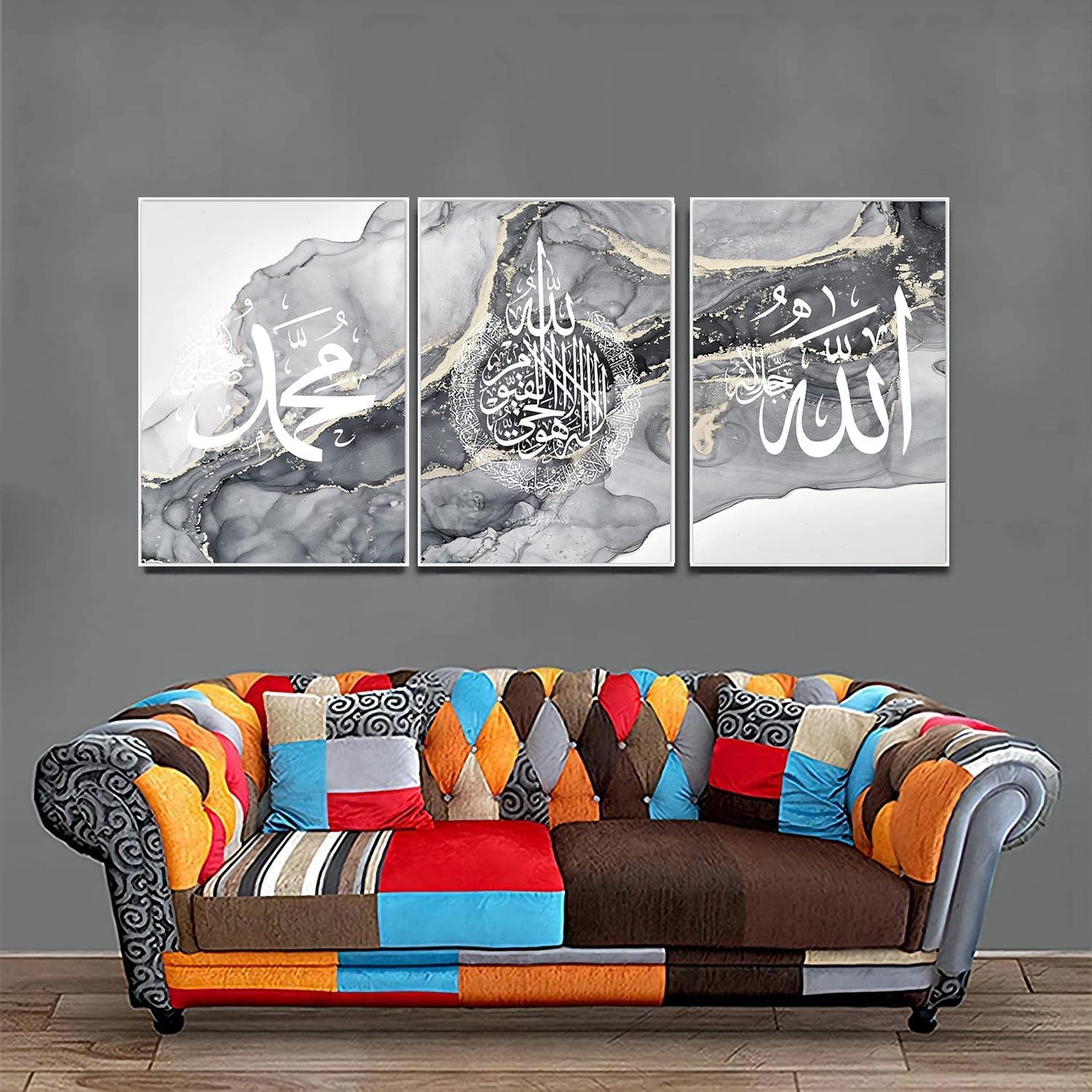 Tela di calligrafia araba in argento islamico, Creative Allah Islamic Citazioni Tela Pittura Immagini Decorazione, senza cornice (40 x 60 cm*3, calligrafia in bianco e nero
