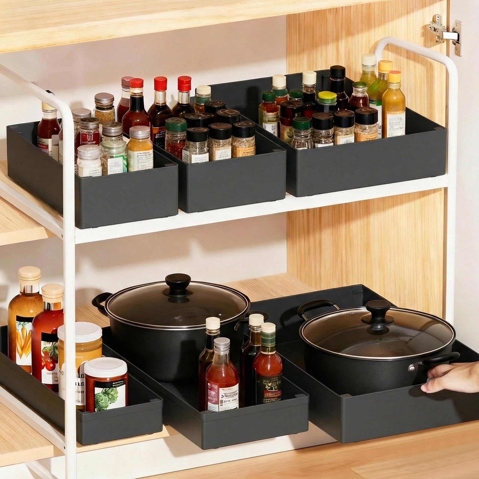 TW1TGOFT 3Pack Pull Out Cabinet Organiser - Adhesive Slide Out Drawer Organiser, No-Drill Extendable Pull Out Drawers Shelf Storage for Bathroom Cupboard Kitchen Cabinet(Balck with 3 Size)