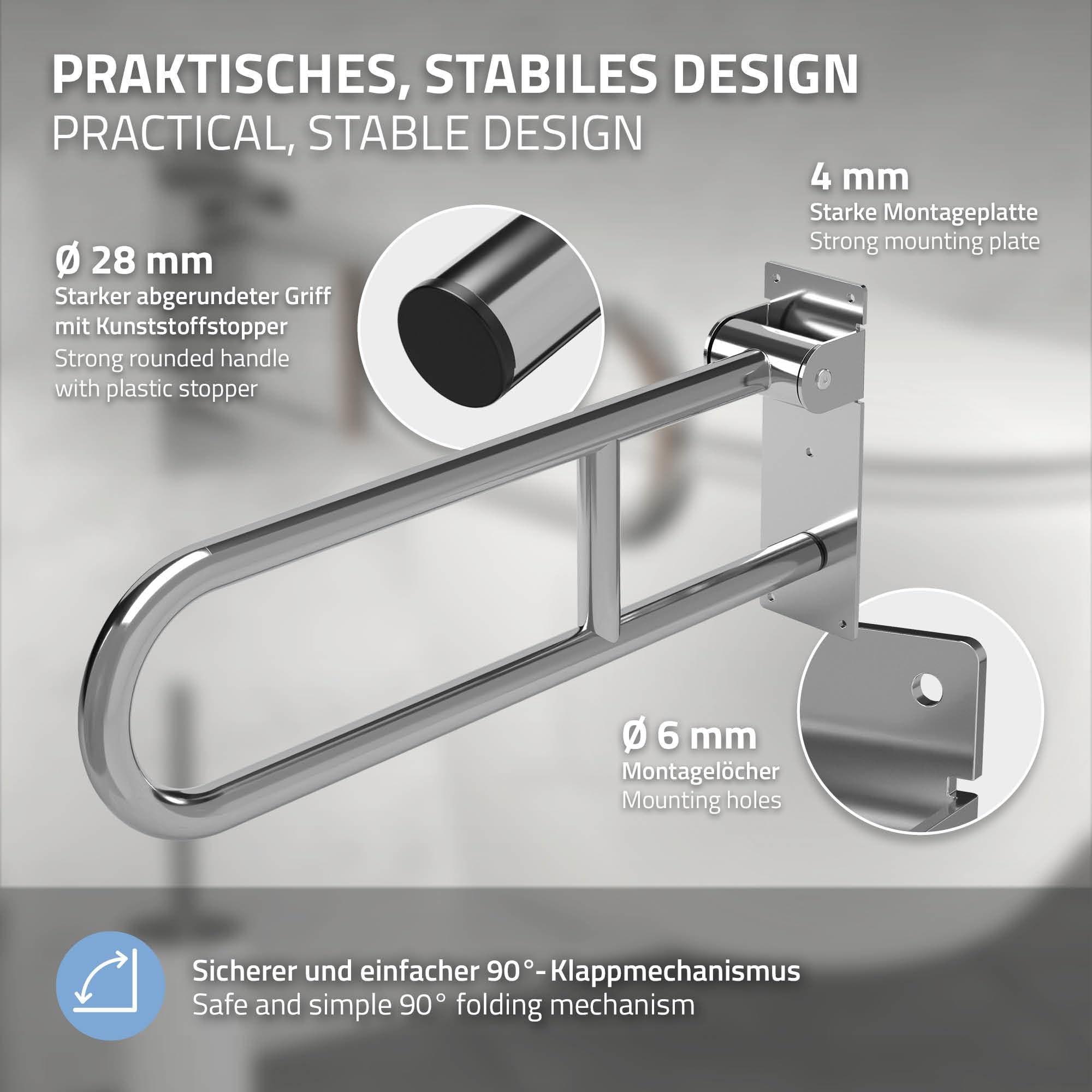 ML-Design Barra para WC, Apoyo para Inodoro Abatible para Personas Mayores y Movilidad Reducida, 60cm, Acero Inoxidable, Soporte Plegable de Levantamiento, Asidero de Seguridad para Baño, Carga 200kg