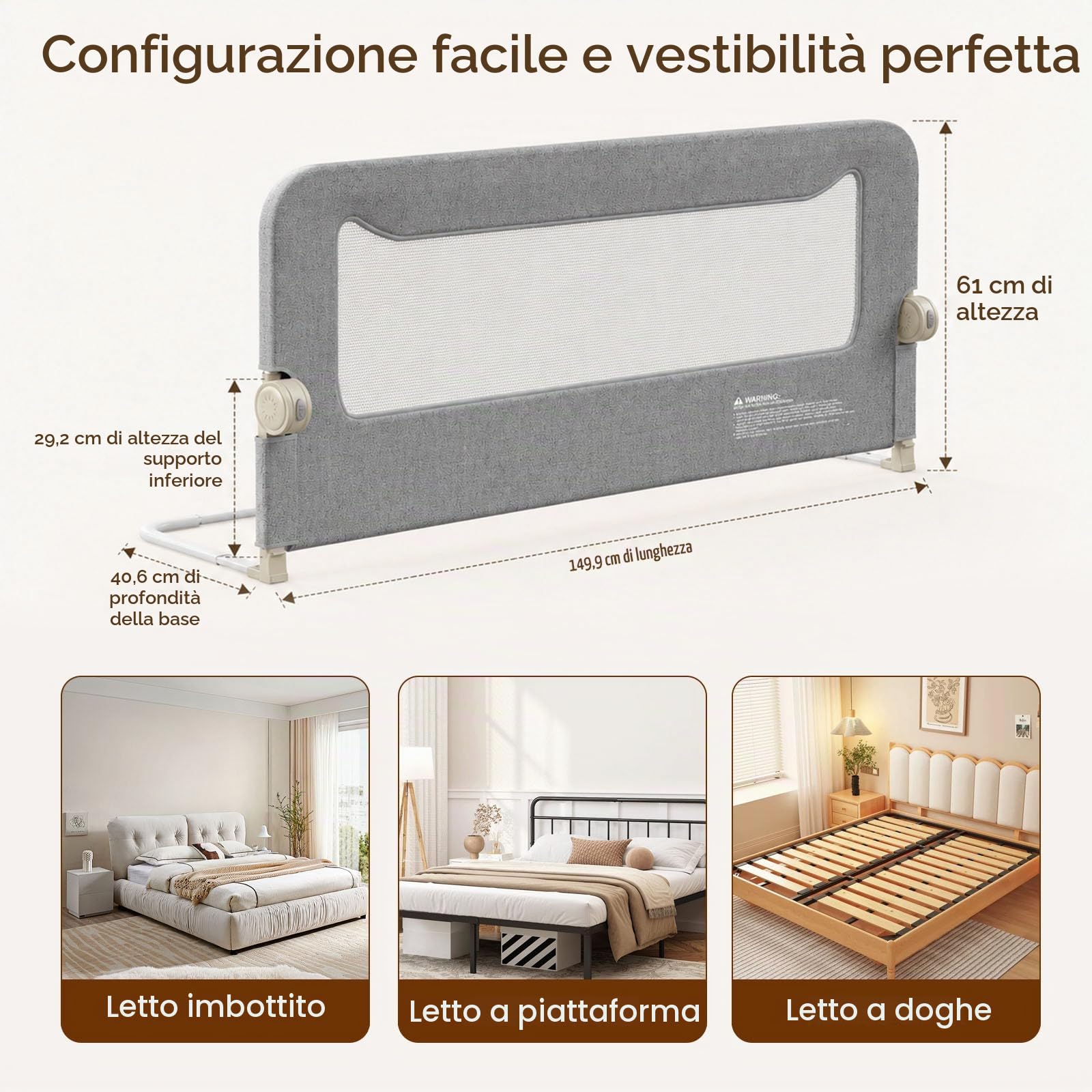 Spondina letto Bambini 150cm, anti-caduta pieghevole Sponde letto Bambini | Sbarra di sicurezza adatta a materassi 10-30cm, mesh traspirante e lavabile, montaggio senza attrezzi