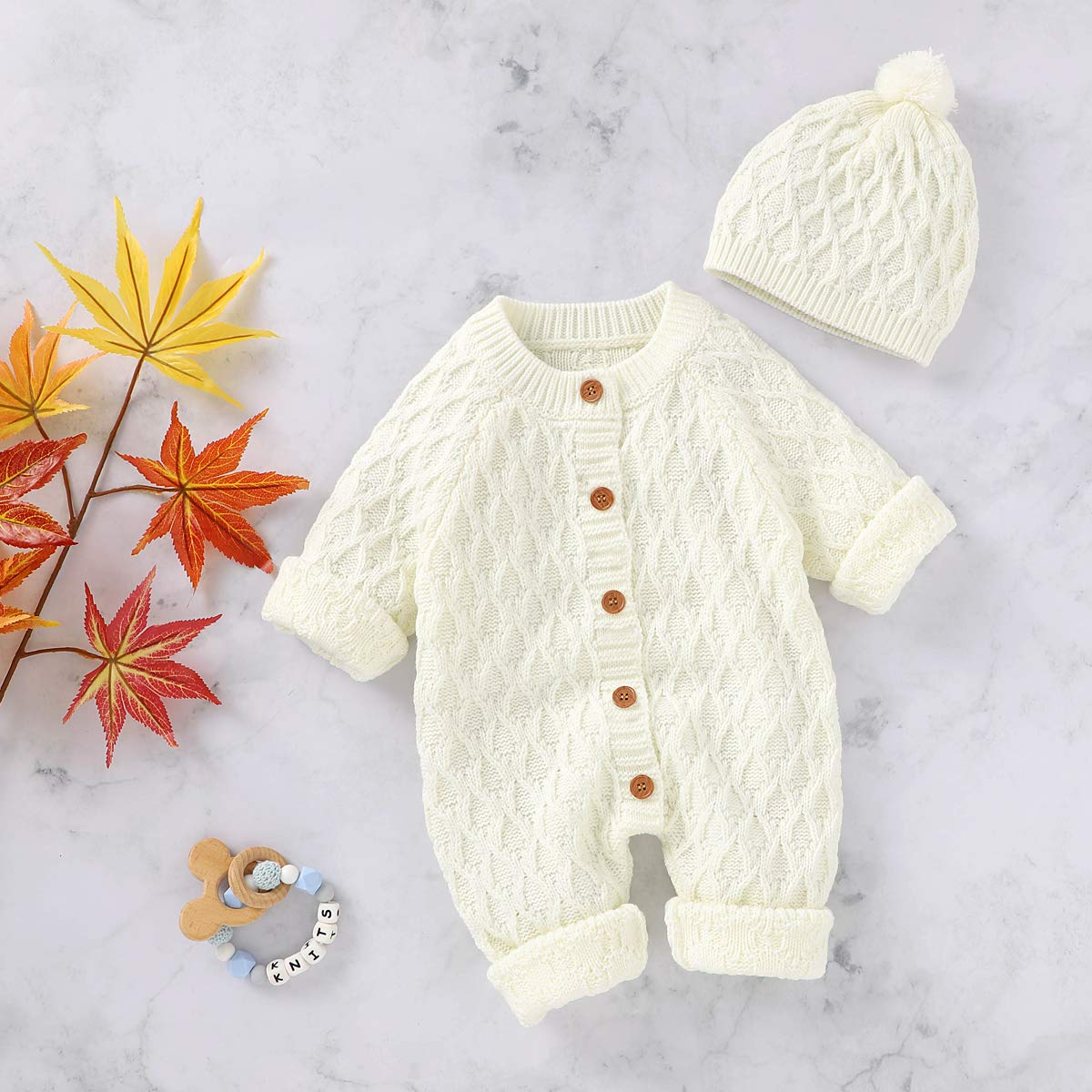 Grenouillère en tricot pour bébé garçon, fille, couleur unie, mignonne, décontractée à manches longues, tenue d'hiver chaude avec chapeau pour nouveau-né