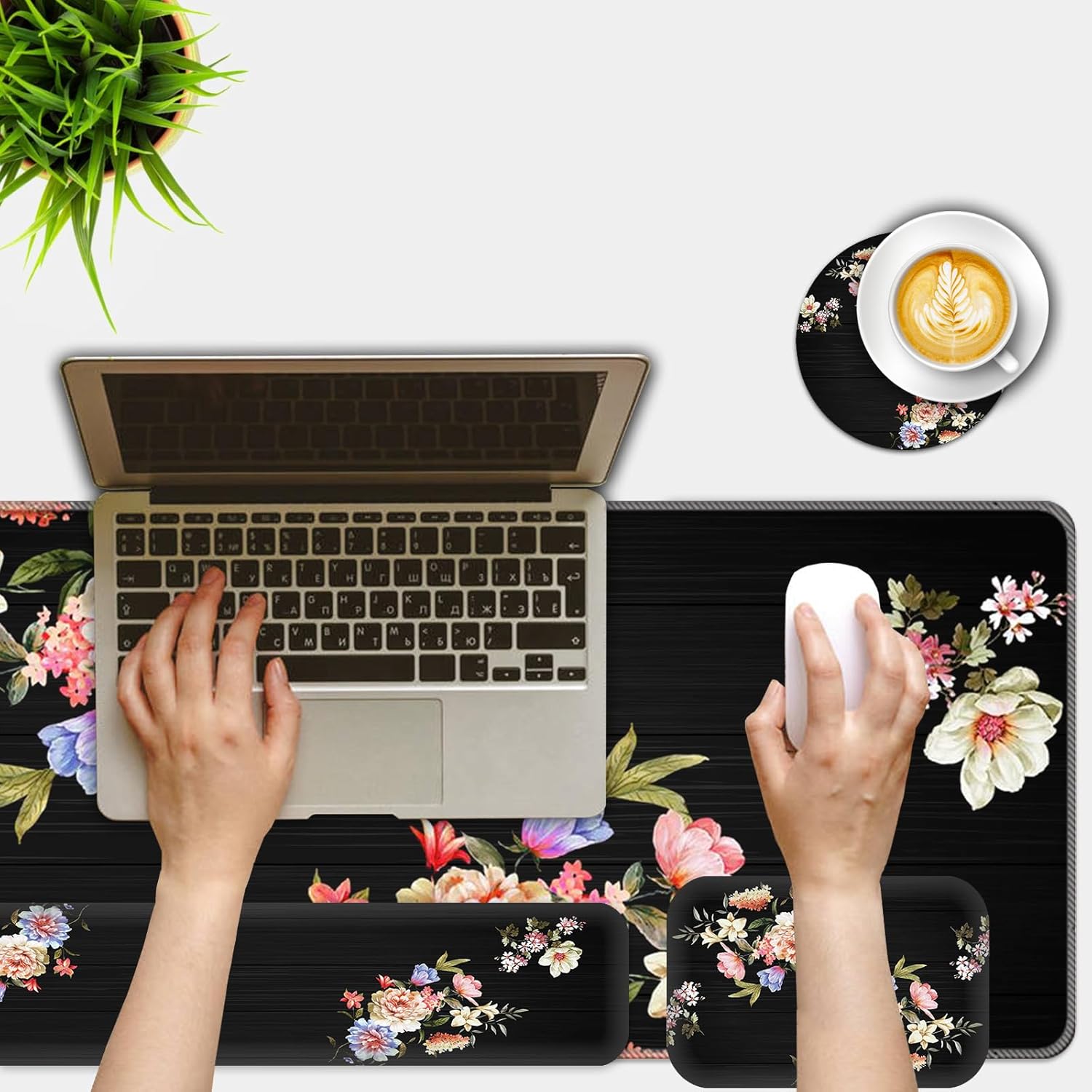 Mouse Pad Set,(35.4×15.7 in) Desk Pad + Keyboard Wrist Rest Support + Mouse Wrist Rest + Coaster for Office,Home,Computer,Laptop - 4 Peony Flower