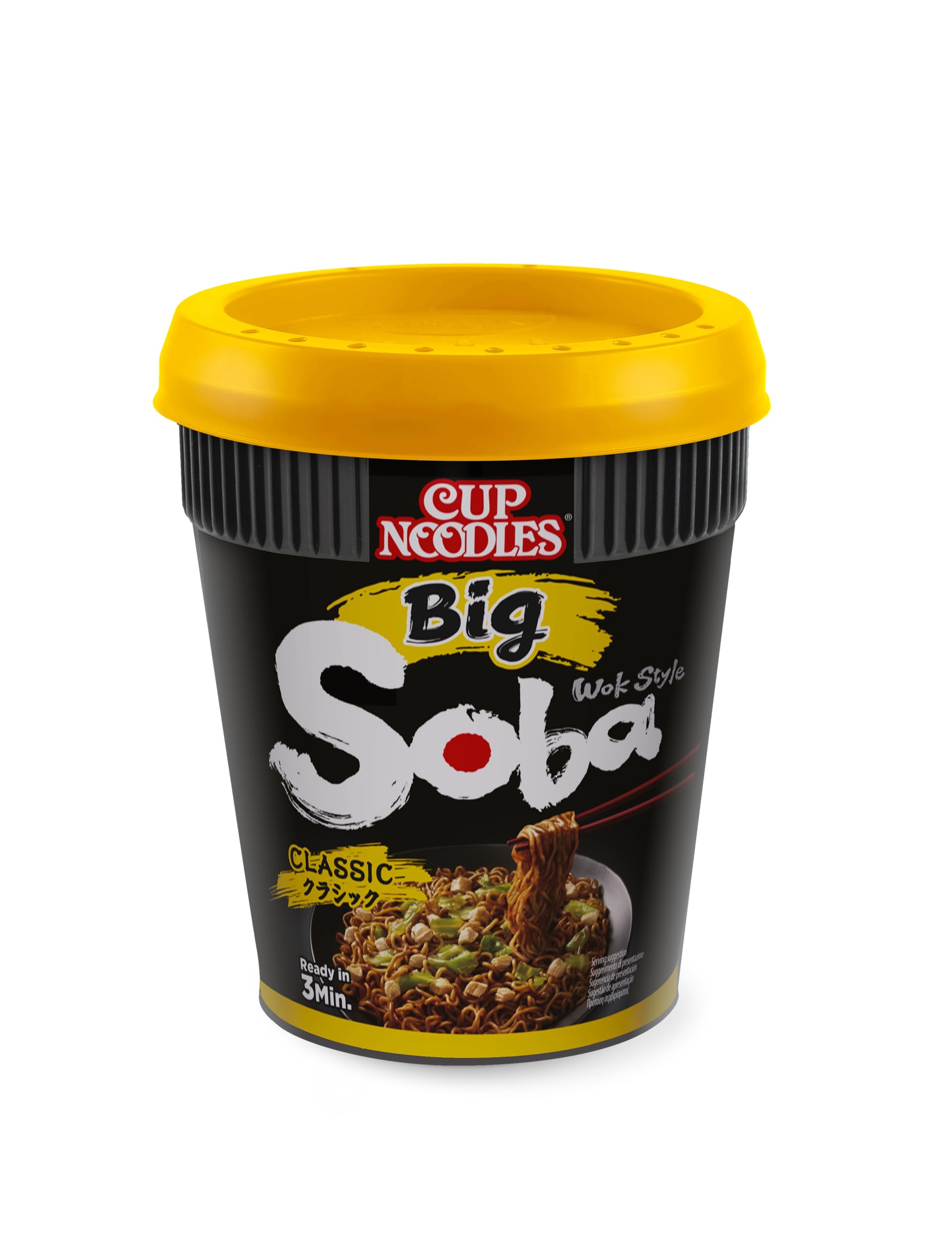 Nissin Cup Noodles Soba BIG Classic - Pack de 6 fideos instantáneos estilo wok estilo japonés con salsa yakisoba y verduras, preparación rápida en taza, comida asiática, porción grande (6 x 113 g)