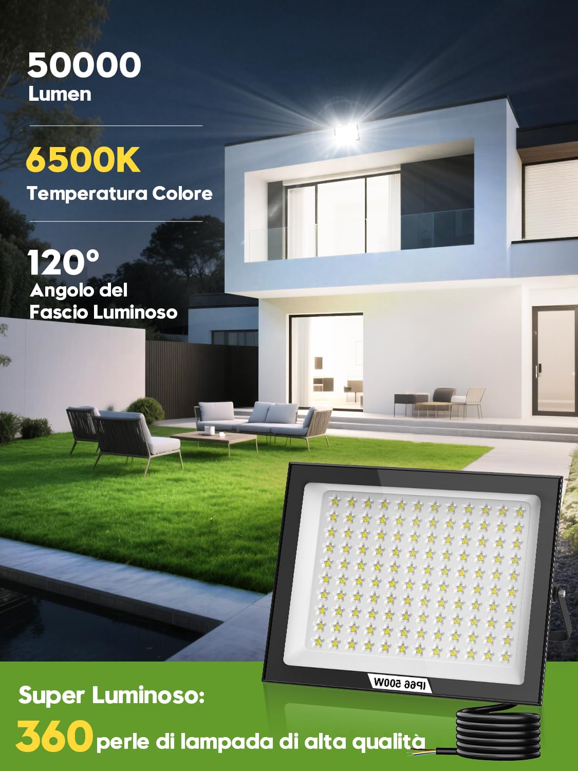 Faretto LED da Esterno 500W 2 Pezzi,50000LM Super Luminoso Faro LED Esterno,6500K Bianca Fredda Faretti LE𝐃 Estern𝐨,IP66 Impermeabile Fari LE𝐃 da Estern𝐨 per Cortile, Giardino, Terrazza, Garage