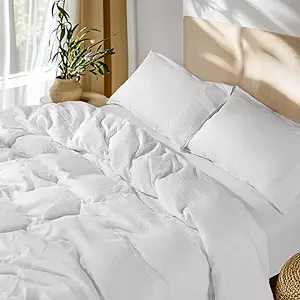 SONORO KATE 100% French Linen Duvet Cover Full Size, Soft Breathable for Hot Sleepers, Moisture Wicking & Durable Cover Set - Zipper Closure & 4 Corner Ties Duvet Covers 3 Piece (White,Full)