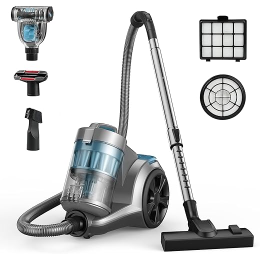Aspiron 1700W Canister Vacuum Cleaner, 32Kpa Bagless Vacuum Cleaner, Multi-Cyclonic Filtration, 2 Anti-Allergen HEPA Filters, 3.5QT Dust Cup, 4 Tools, Corded Vacuum for Hard Floor, Pet Hair, Cyan