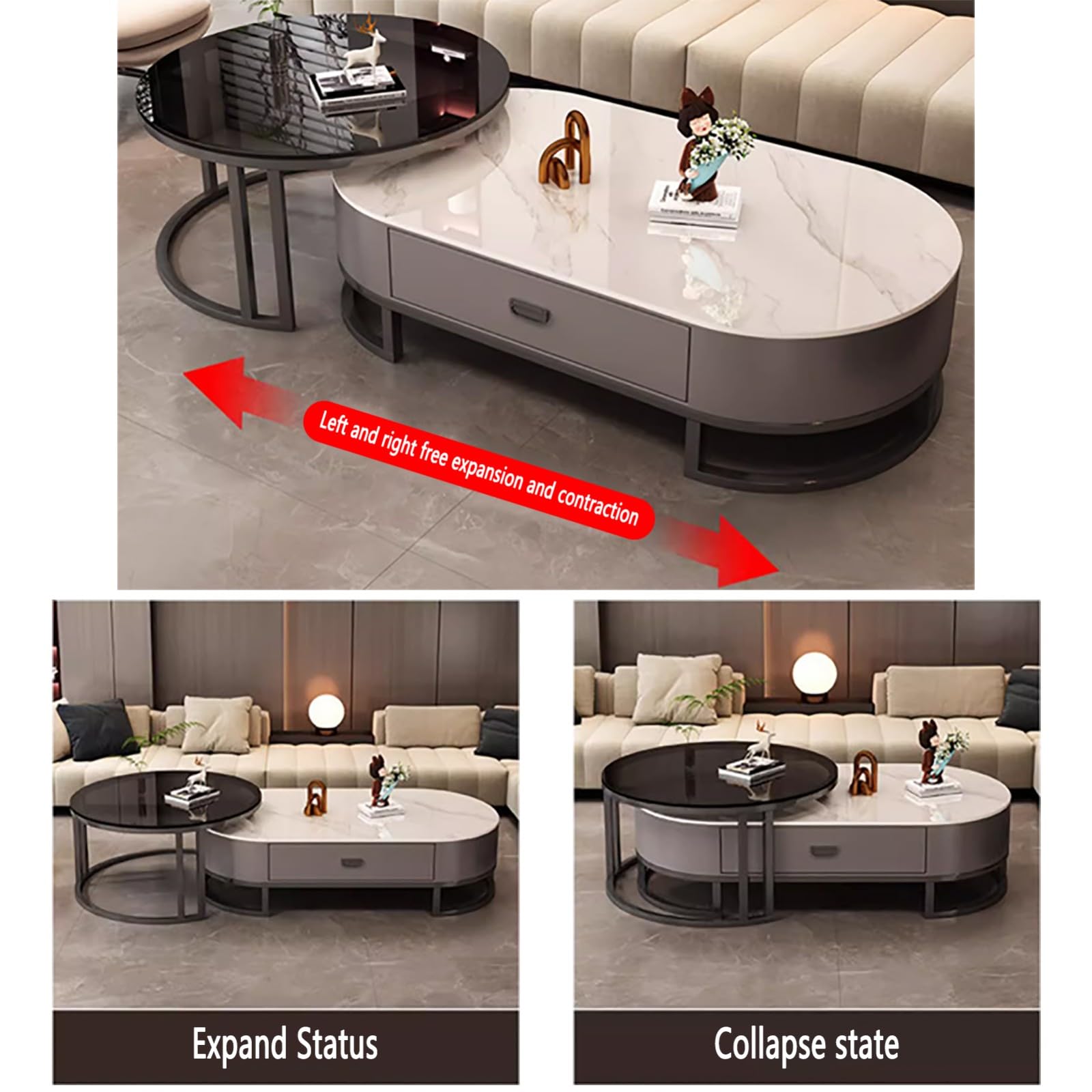 Set di 2 tavolini da caffè ovali in pietra per soggiorno, moderno tavolino da caffè annidato con struttura in acciaio, tavolino rotondo moderno per soggiorno, camera da letto, F, 80 x 45 + 120 x 60 x