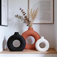 Querro Modern Ceramic Vase Set of 3 - Minimalist Matte Donut Design Flower Vases for Farmhouse Shelf, Table, Mantle Decor