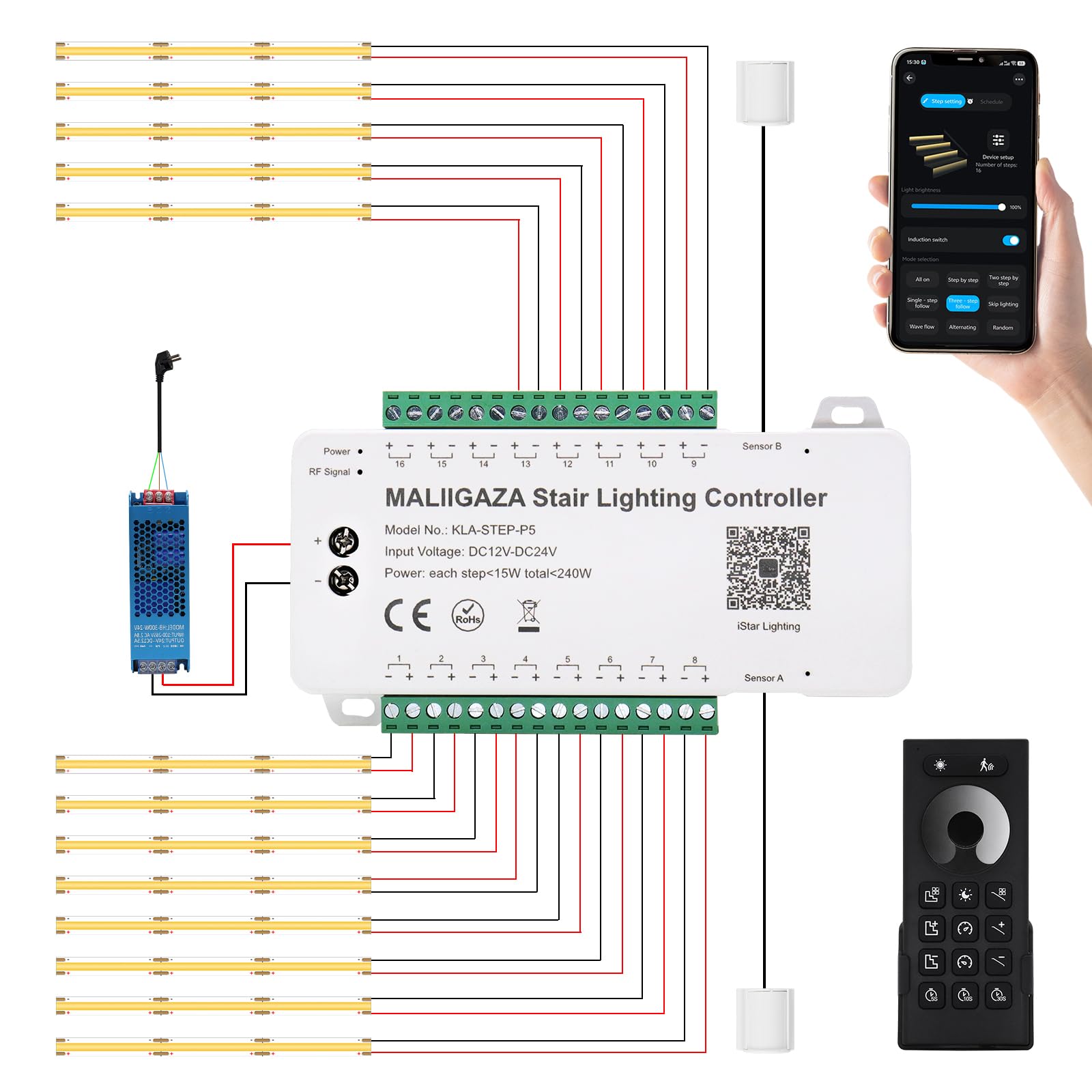 Intelligente Treppenbeleuchtung 13 Stufen Warmweiß 3000K | Bewegungsmelder Treppenlicht mit App & RF-Fernbedienung, Bluetooth Smart Stair Light, COB LED Streifen Indoor