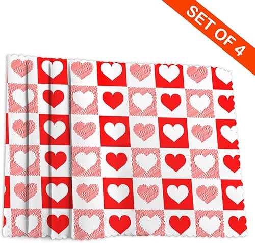 Miniatura 5 de Juego de 4 manteles individuales románticos de poliéster para mesa de comedor, diseño de corazón y búfalo rojo, 18 x 12 pulgadas para boda,