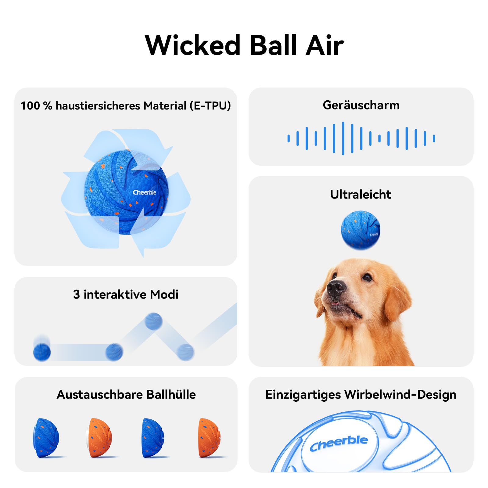 Cheerble Wicked Ball AIR - Interaktiver Hundeball mit 3 Spielmodi, Blau | Selbstbewegendes Hundespielzeug mit E-TPU Hülle, USB-C, IPX7 Wasserdicht, Ideal für Mittelgroße bis Große Hunde.