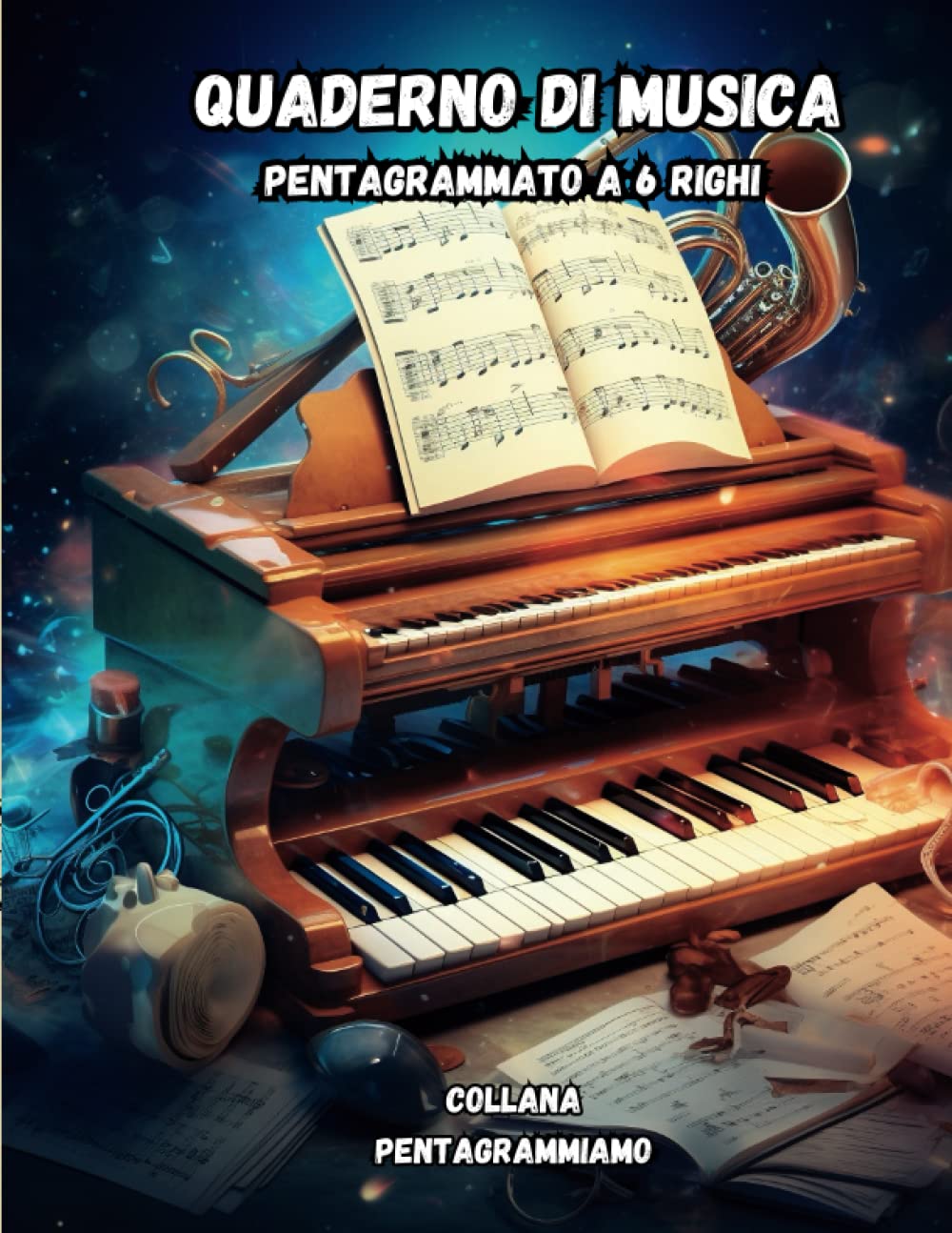 Cahier de musique avec 6 portées larges et index personnalisable pour composition fantasy