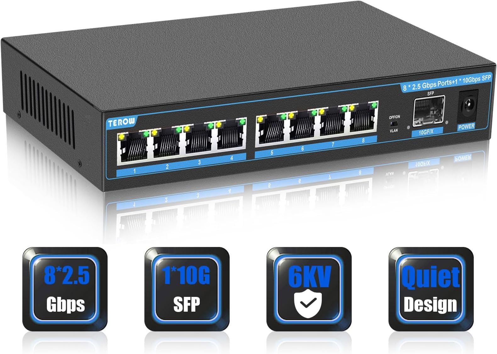 TEROW 2.5G Ethernet Switch, Unmanaged 9-Port Switch, 8 x 2.5G Base-T & 1 x 10G SFP, Multi-Speed Network Switch, Compatible with Gigabit & 10Gb, Desktop/Wall Mount, Ideal for AP, NAS, PC