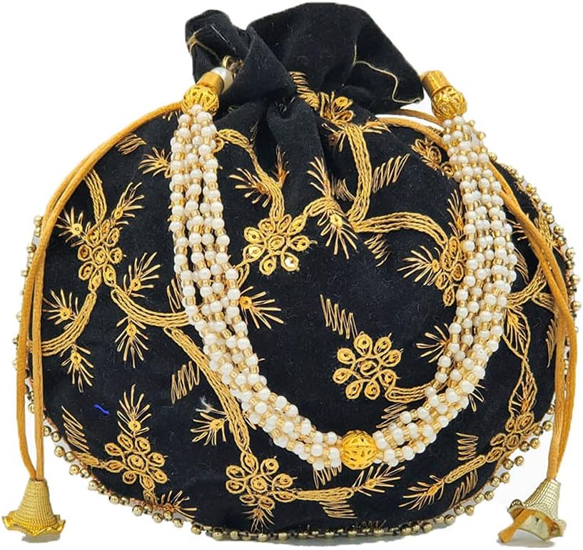 IGH Handmade Women's Velvet Embroidered Potli Purse | Indian Drawstring Bag Green Ethnic Handbag for Weddings & Parties 1 Pcs