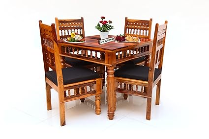 B. N. FURNITURE Solid sheesham Wood Traditional Design 4 Seater Dining Table Set for Home and Living Room| Dining Room Sets (Traditional, 4S-B-Honey-06)
